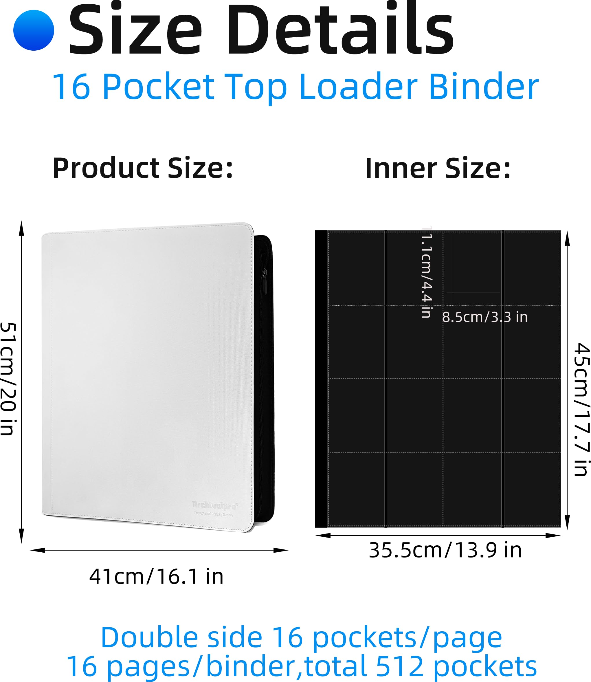 Carpeta de carga superior, capacidad para 512 cargadores superiores, carpeta de carga superior de 16 bolsillos con fundas para tarjetas en cargadores superiores de 3 x 4 pulgadas (blanco)