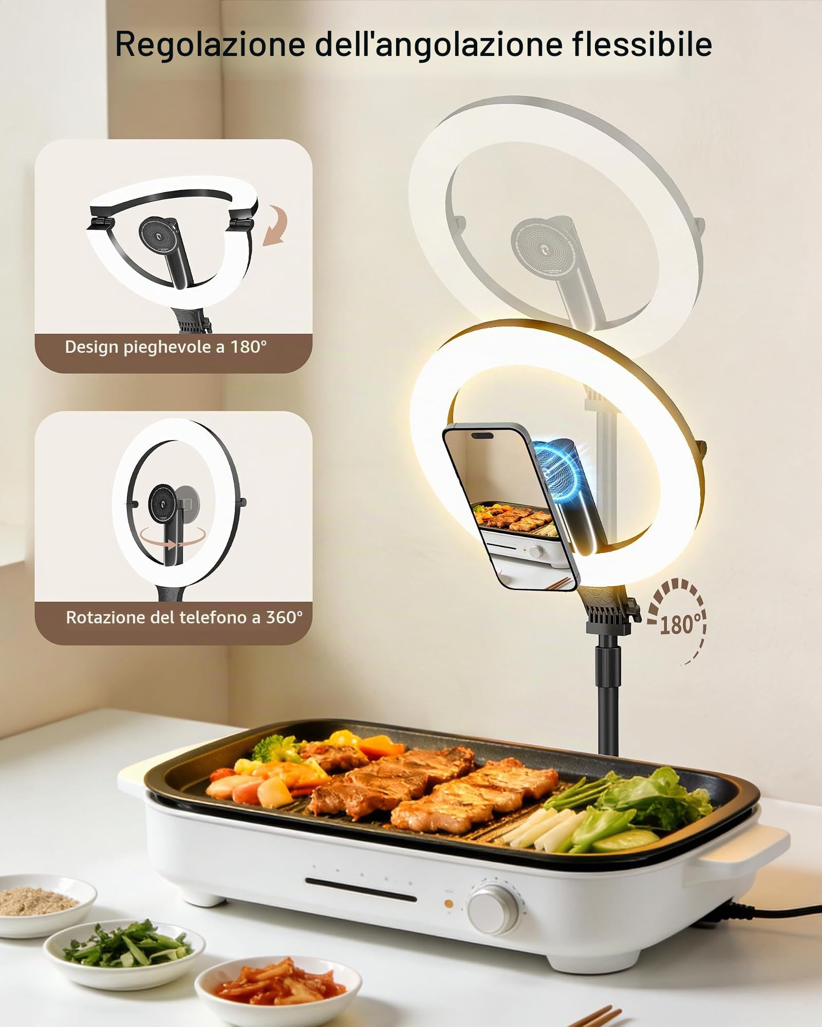 NiceVeedi Luce ad anello da 25,4 cm per registrazione video, 5000 mAh, pieghevole, per selfie, con supporto e supporto magnetico per telefono, luce halo per videoconferenze, per live streaming