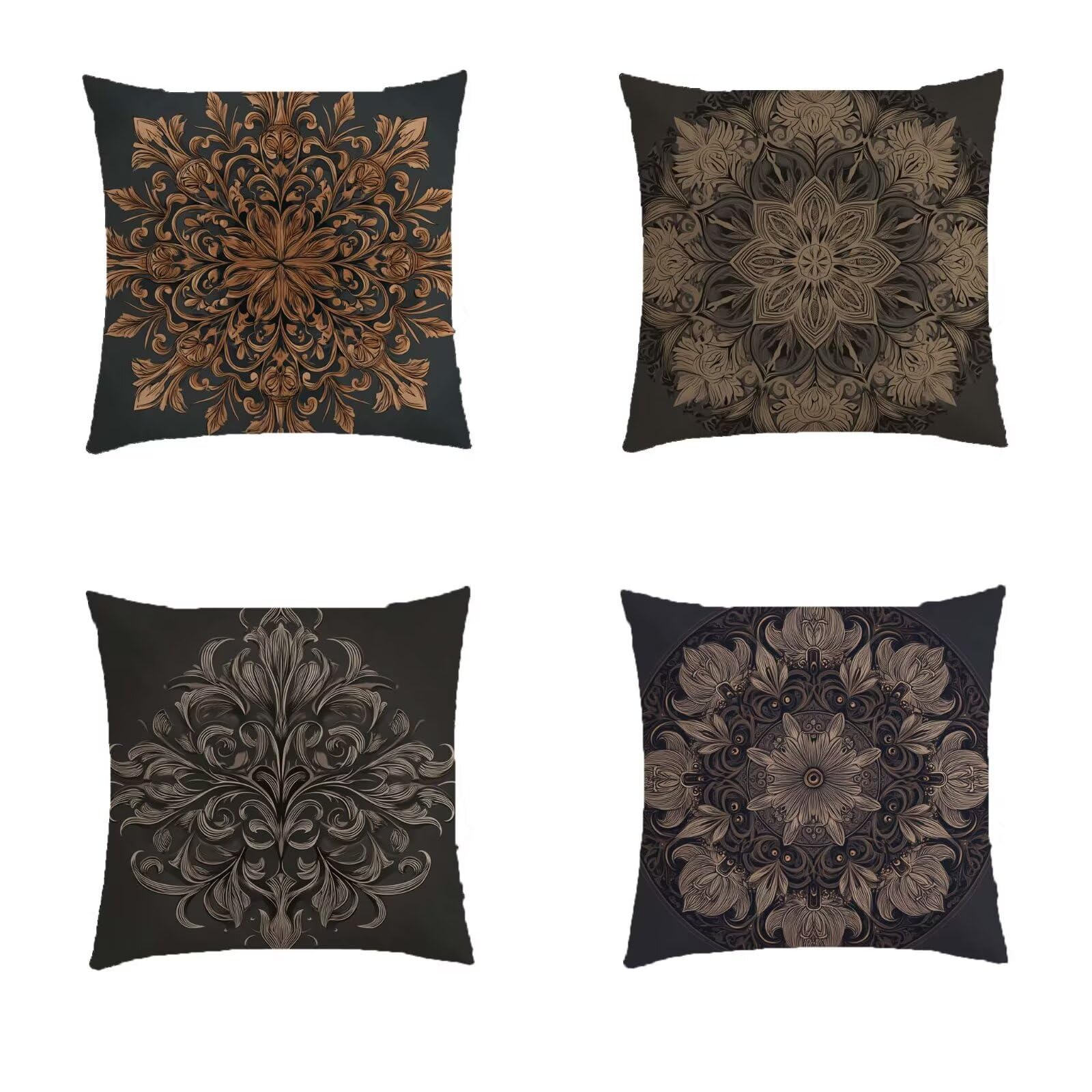 Fermeture invisible et motif double face ocre sur ce lot de 4 housses de coussin