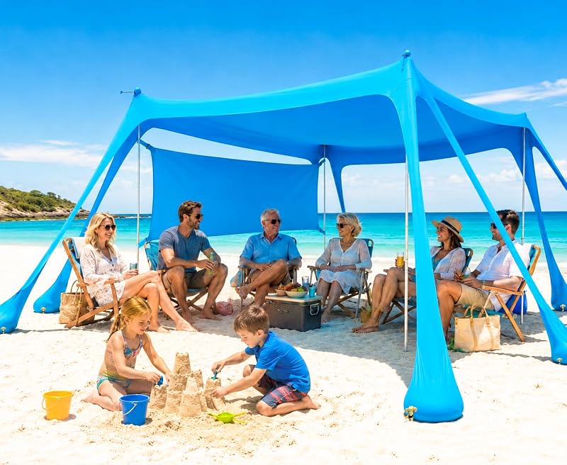 Large Beach Tent Sun Shelter with Sidewall, UPF80+ UV Protection Beach Tents Shade Canopy with 8 Sandbags, 4 Stability Poles for Sand, Camping, Fishing, Outdoor Tent Sun Shelters (11x11ft, Sky Blue)