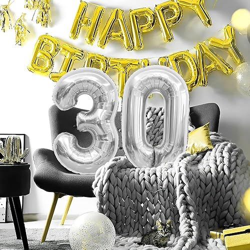 Miniatura 6 de Globos plateados de 40 pulgadas, globos del número 30, decoraciones de feliz cumpleaños 30 para ella, globos de cumpleaños de 30 años, globos de