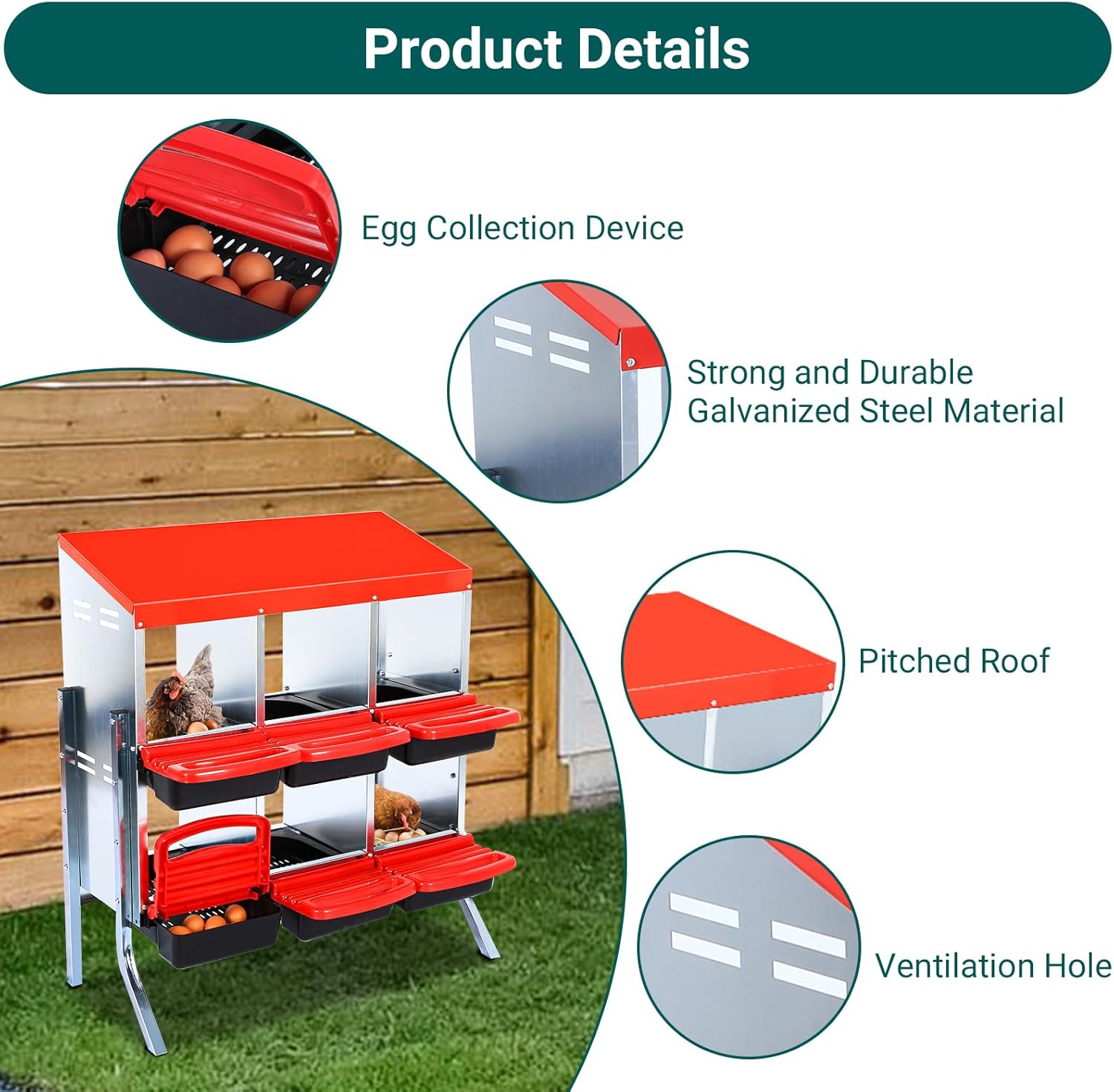 Chicken Nesting Box, 6 Compartments with Leg Chicken Nesting Boxes for Laying Eggs, Nesting Boxes for Chicken with Egg Collection for Chicken Coop, Red