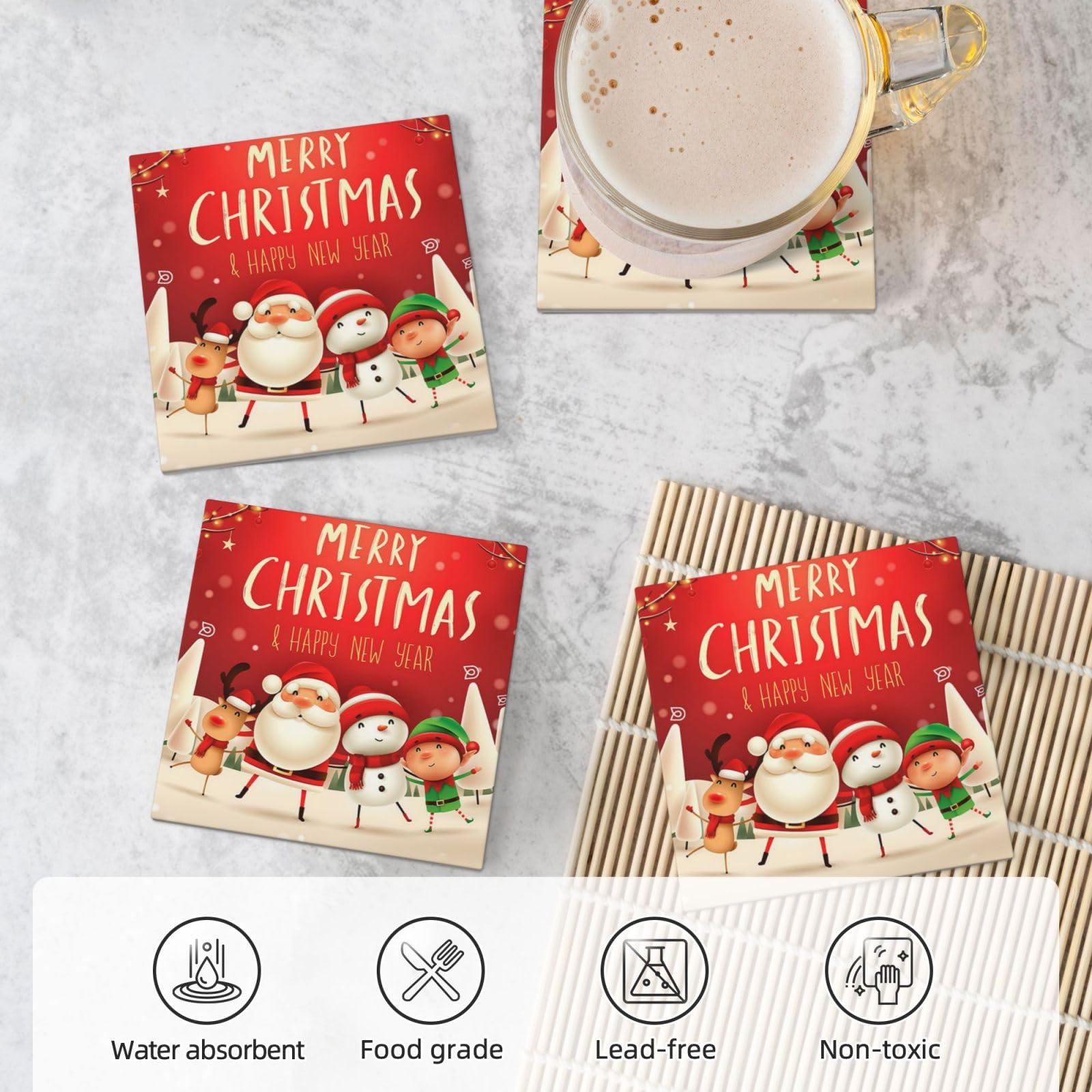Lot de 4 dessous de verre en céramique avec inscription « Merry Christmas »