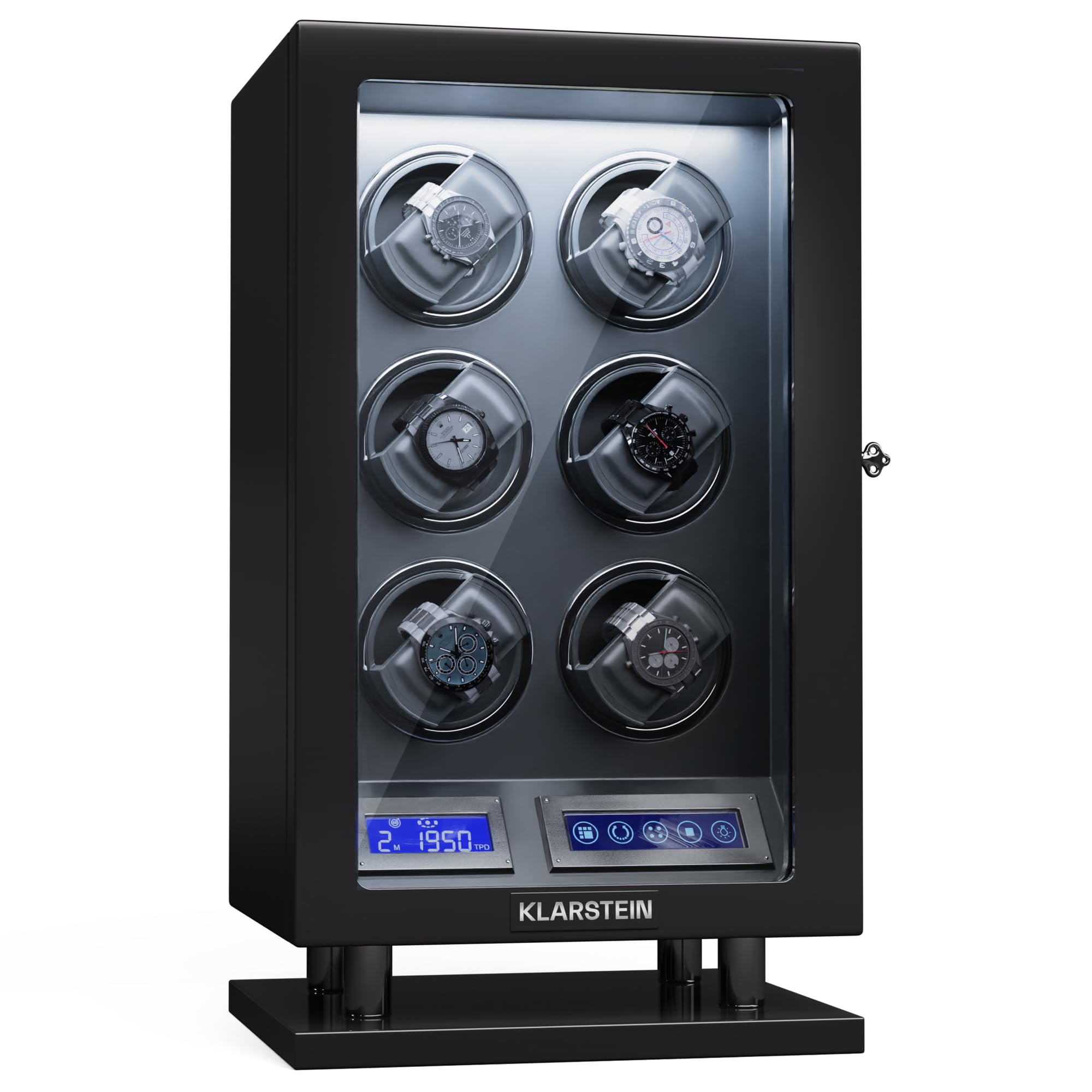 KLARSTEIN watch winder for automatic watches, automatic watch winder for 6 watches, automatic watch winder with acrylic door, automatic watch winder, blue LEDs, watch winder with 5 TPD settings