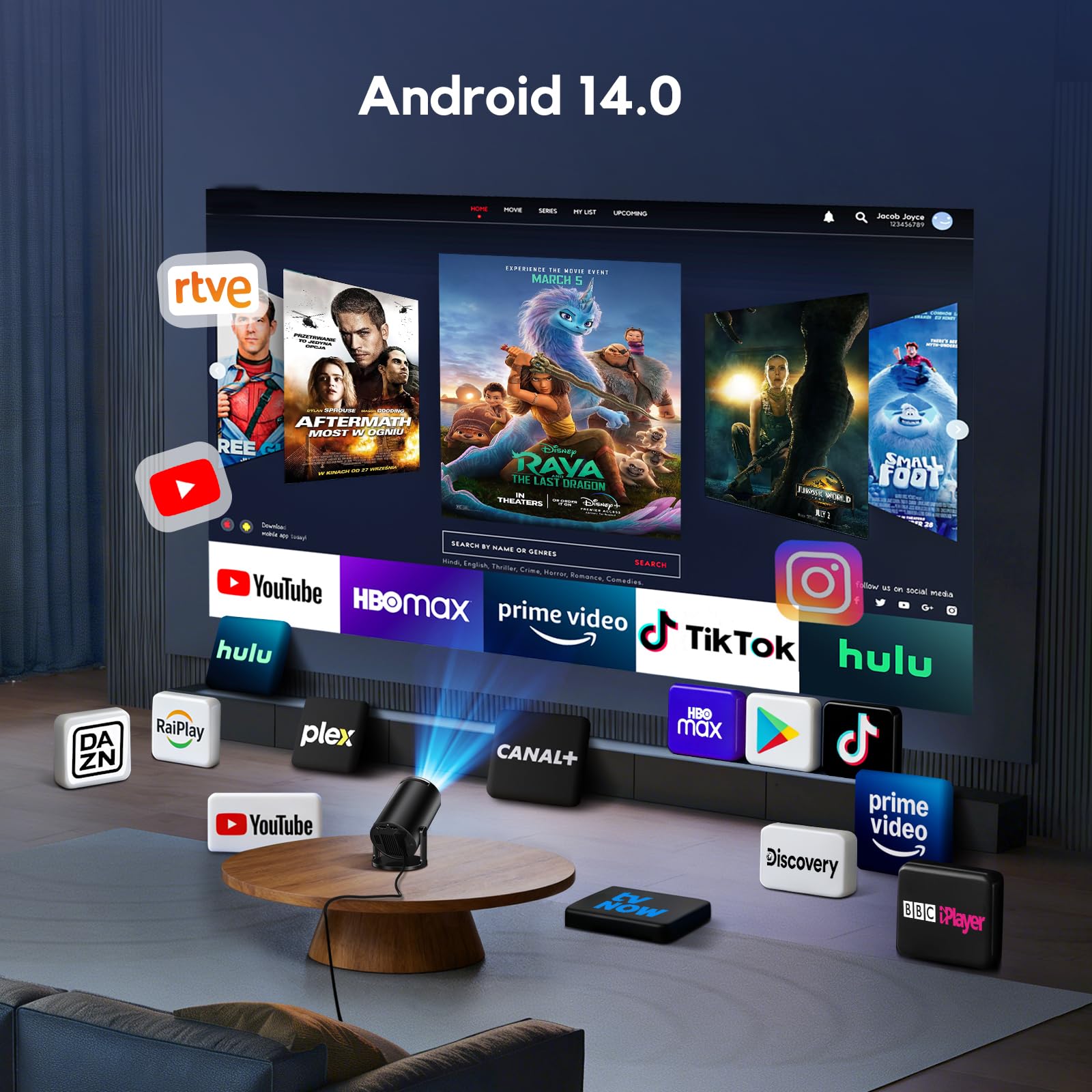 [Apps intégrées & 2026 Upgrad] AKIYO O2 Videoprojecteur avec WiFi 6 et Bluetooth 5.4, Mini Projecteur Video Supporte 1080P, Rétroprojecteur Auto Keystone Rotation 180° Compatibile avec HDMI/Laptop