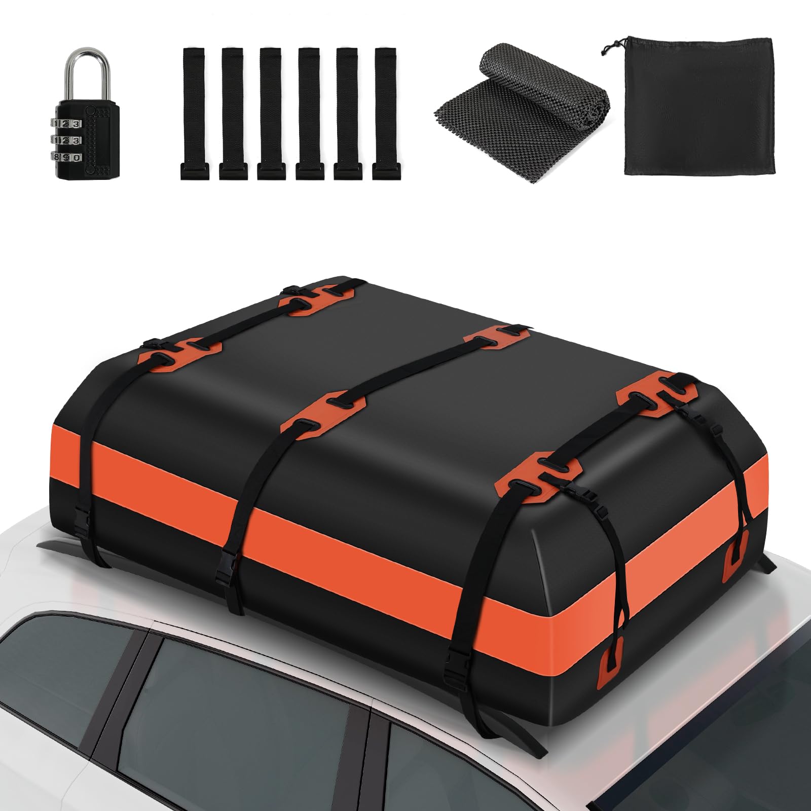 YU YUSING Auto Dachbox 600L Dachtasche Dachgepäcktasche Faltbare Wasserdicht, Dachkoffer Aufbewahrungsbox mit 6 Türhaken, 8 verstärkten Riemen, für Autos mit/ohne Gepäckträger, Vans, SUVs, Orange