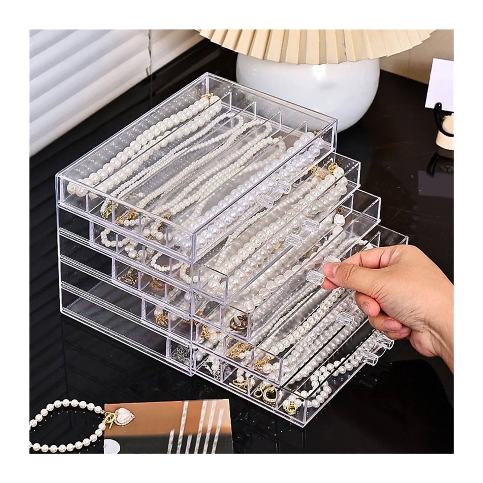 Boîte de rangement transparente for colliers, plateau à bijoux, vitrine | 1 tiroir de rangement transparent for colliers, bagues et accessoires, adapté aux femmes.(5 layers - 25 grids)