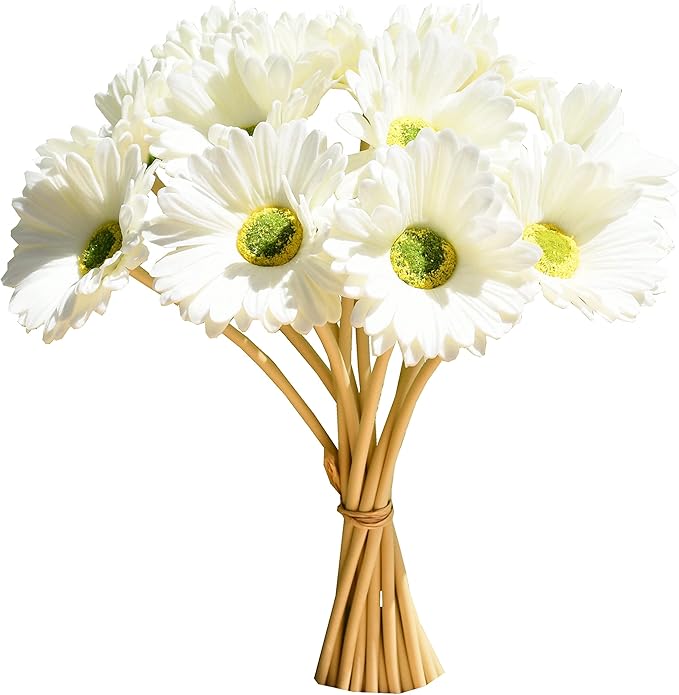 Mandy's 12pcs White Fake Flowers Artificial Gerbera Daisies Silk