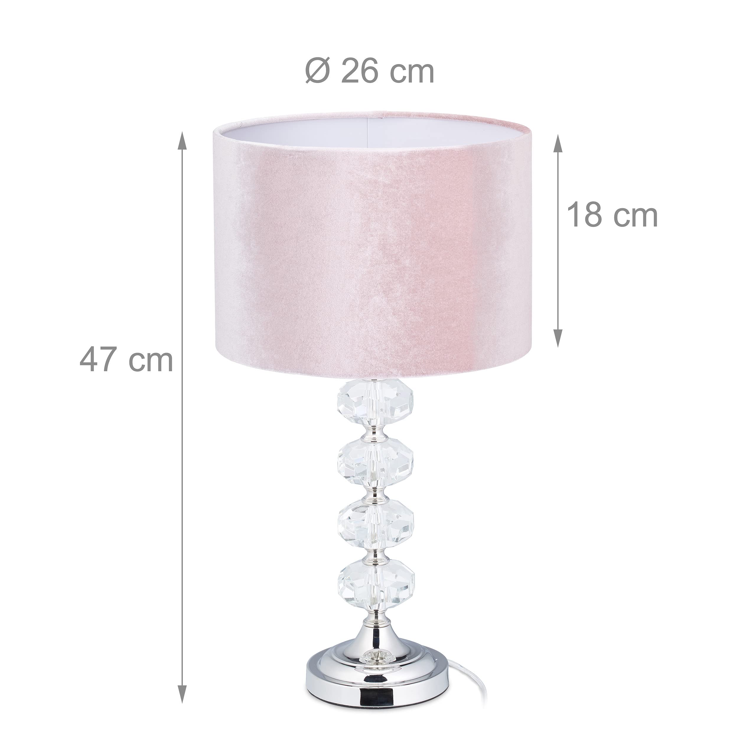 Relaxdays Lampada Da Tavolo Rosa Con Paralume In Velluto E Base In Cristallo - H 47 Cm - Attacco E14