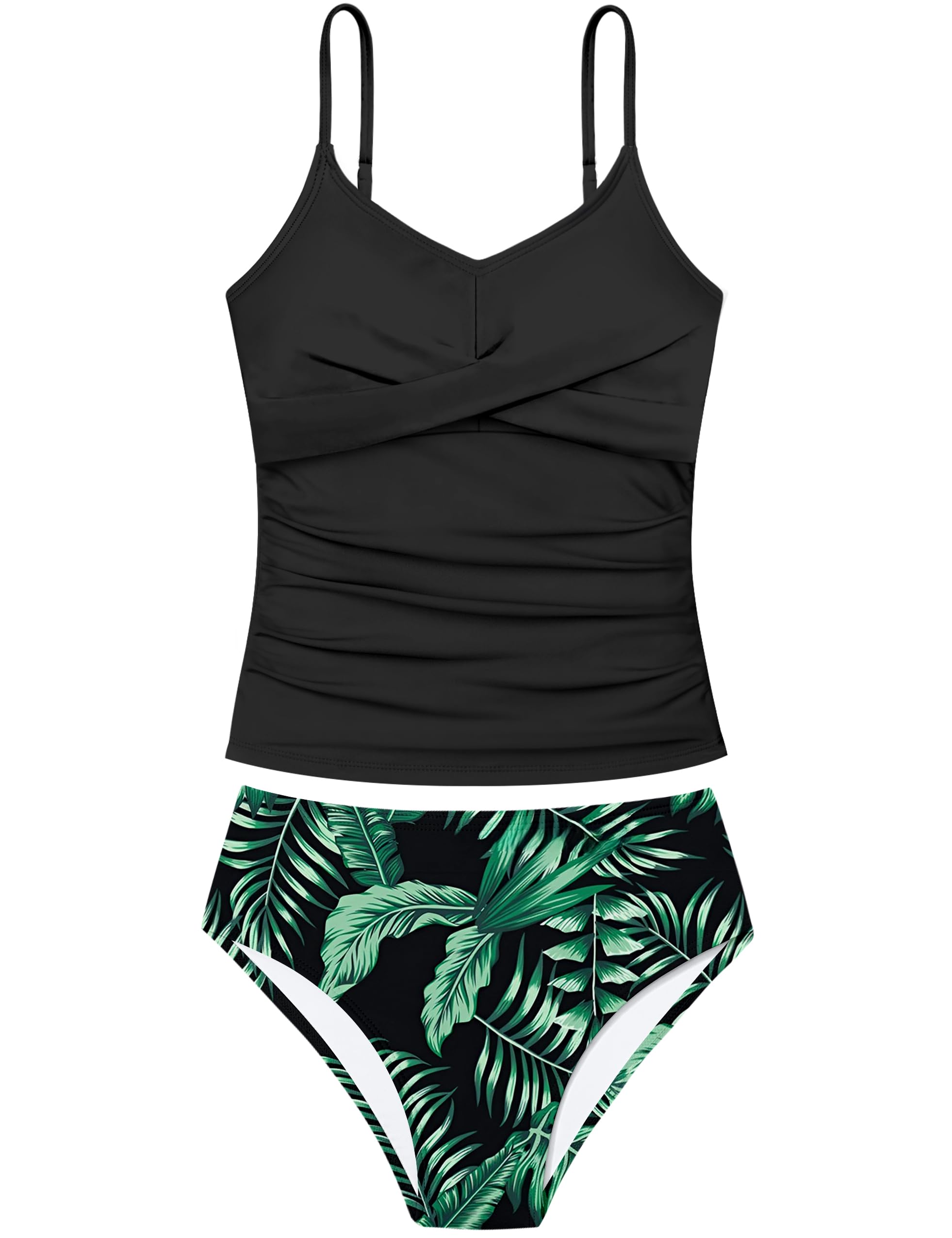Girls Swimsuit 2 Piece Bathing Suit Criss Cross Ruched Girl Tankini Sets Printed Girls' Swimwear for 9-18 Years