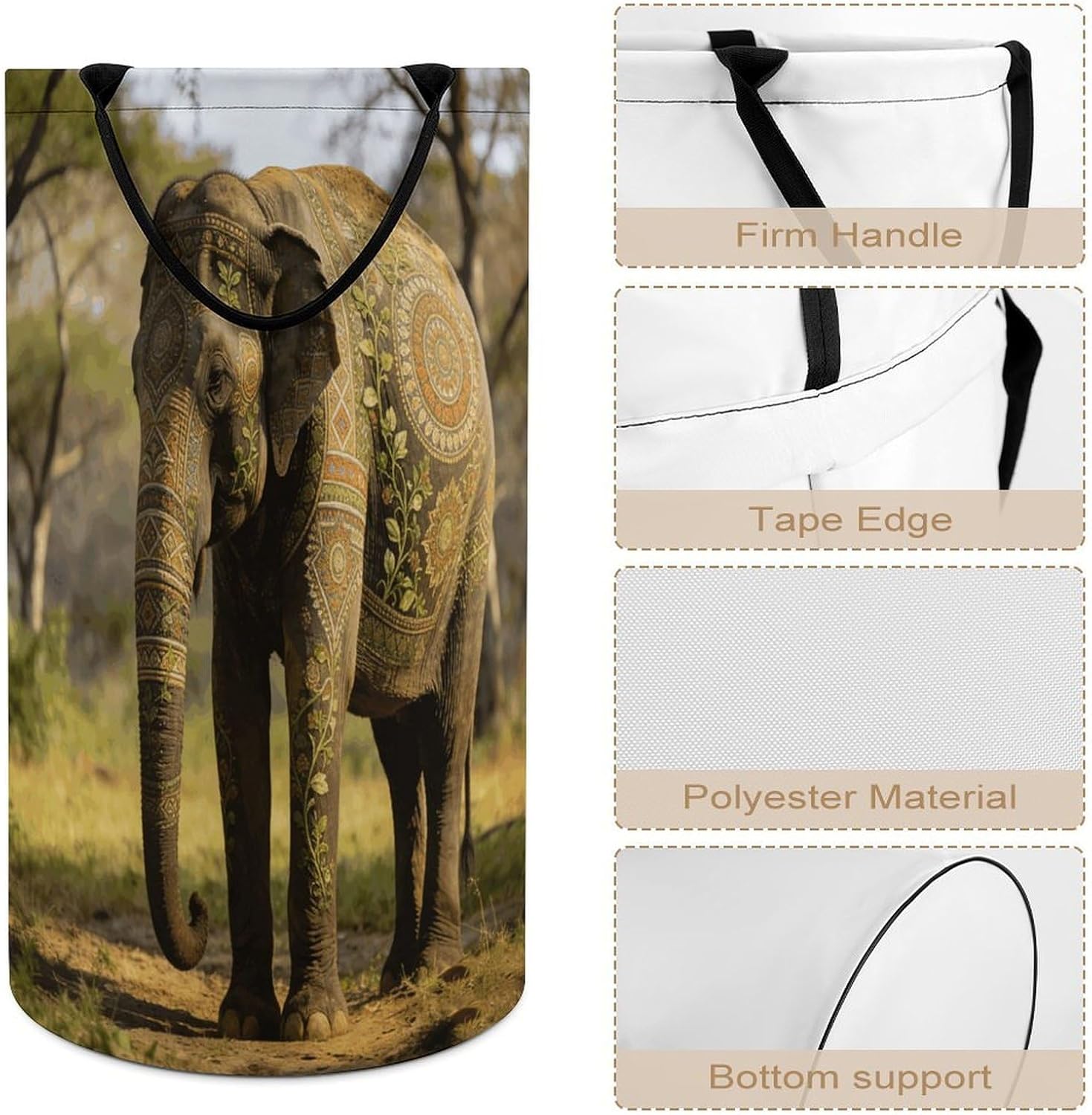 Decorative Patterned Elephant Laundry Hamper 86L Waterproof Collapsible Clothes Basket with Double Handles Freestanding Foldable Laundry Basket Large Clothes Hamper for Bathroom