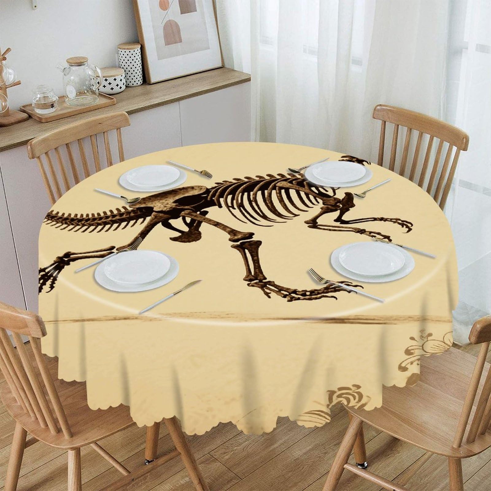 VstaDank Dinosaur Skeleton Print Round Tablecloth Wipeable Round Polyester Tablecloth Waterproof Wrinkle Free Indoor and Outdoor Table Cover 60 Inch Decorative Farmhouse Table Cloth for Dining