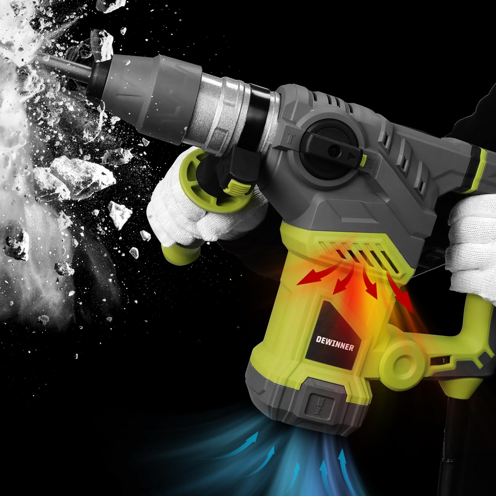 DEWINNER Marteau Perforateur SDS-Plus,1500 W, 6 Vitesses, 850RPM, 4400BPM, 5.5J, Embrayage de Sécurité & Technologie Anti-vibration, 3 Fonctions, y compris organisateur, burin et perceuse 32mm