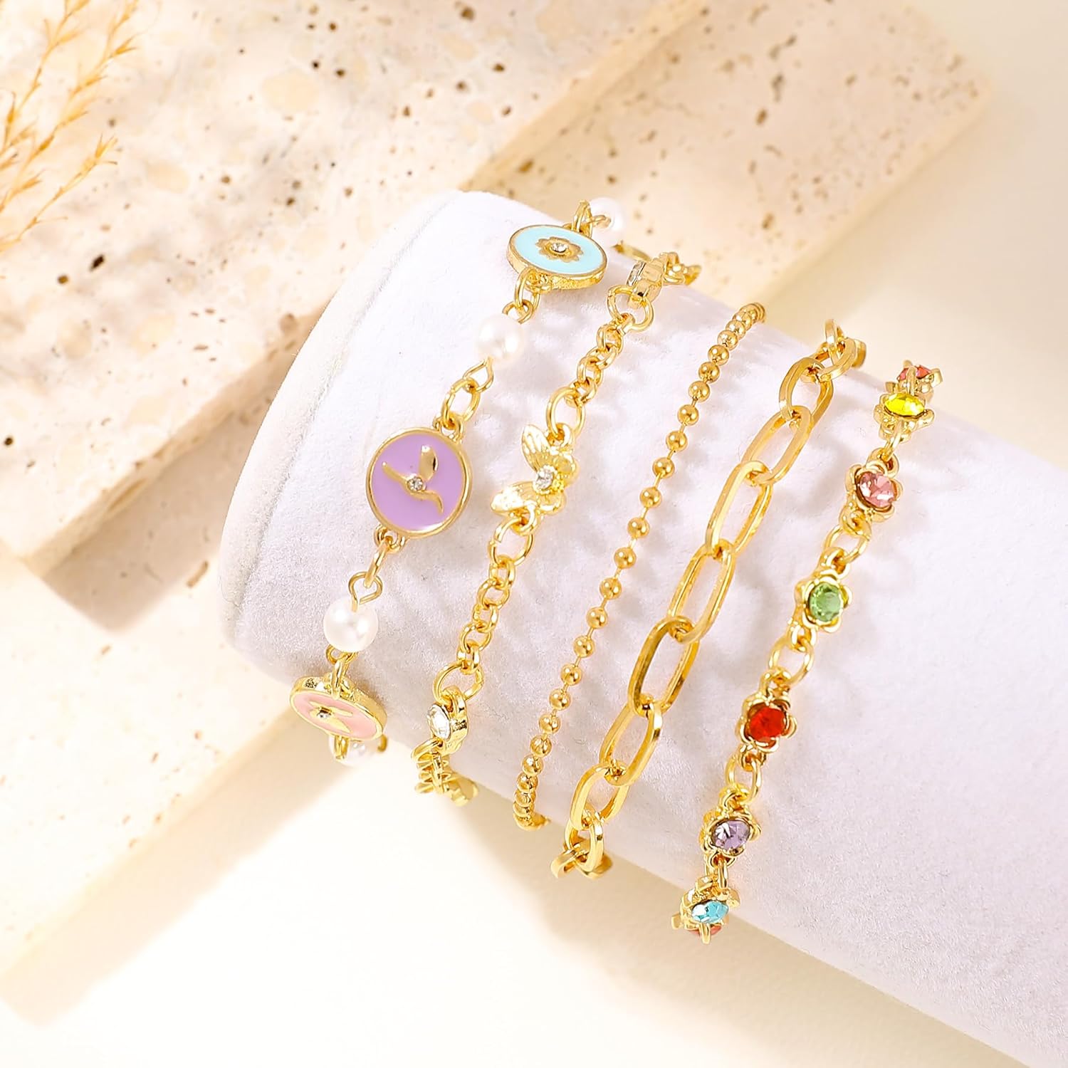 Gold Bracelets Set for Women 14K Gold Plated Stackable Twisted Bangle Rolo Chain Bracelets Layered Diamond Cubic Zirconia Charm Cuban Chain Gold Ball Beads Stretch Bracelets Trendy Jewelry Gift - Image 3