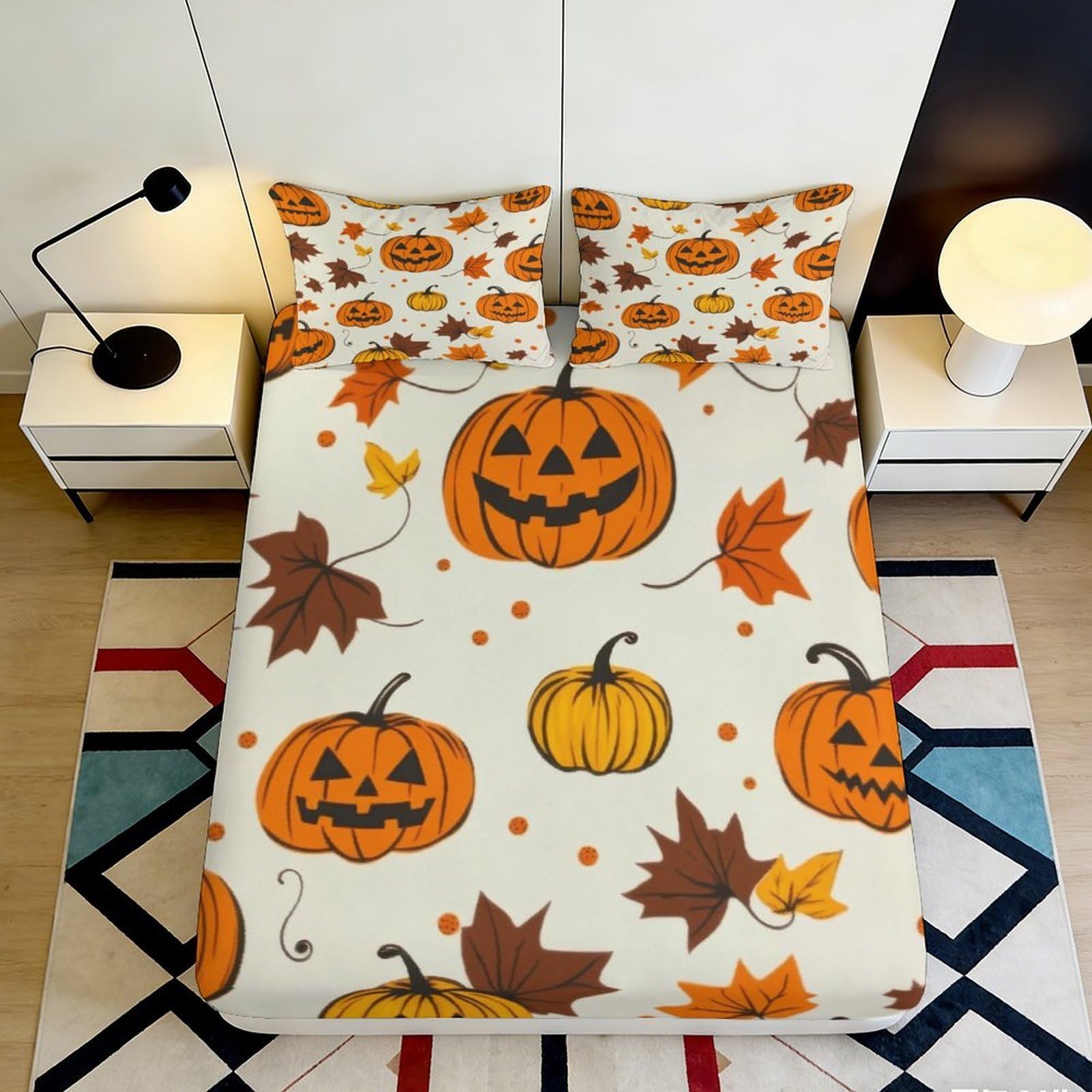 Pnayamiorkfel Style-10 3D Printed Halloween Pumpkin Fitted Sheet Microfiber Autumn Leaves Bed Cover For Bedroom Dorm Decorative Mattress Protection 90X200x25cm