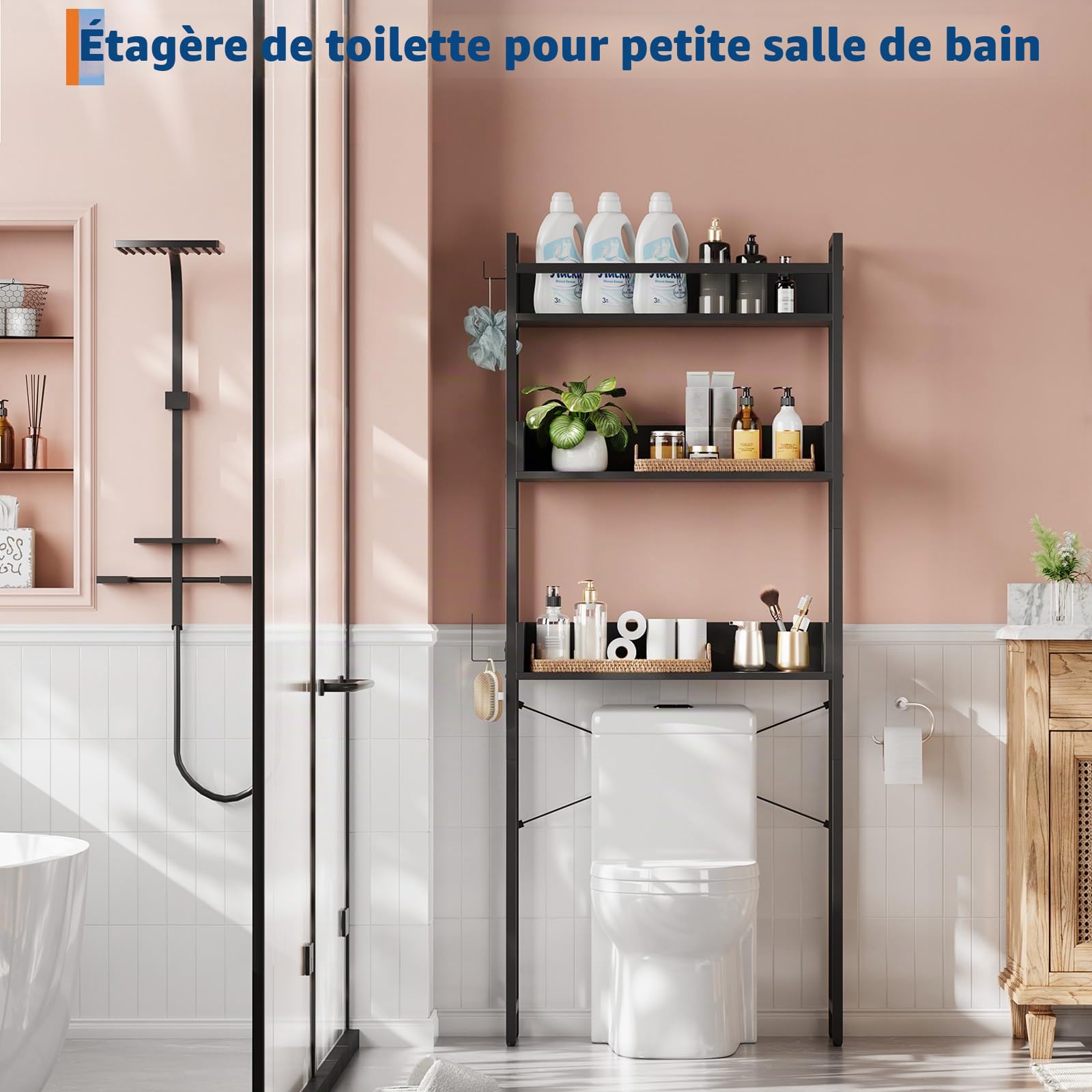 Étagère de Toilette 3 Niveaux,66x23x162 cm,Rangement au-Dessus des WC en Fer, Meuble Salle de Bain Économiseur d’Espace avec Crochet, pour Buanderie Cuisine Balcon Salon, Noir