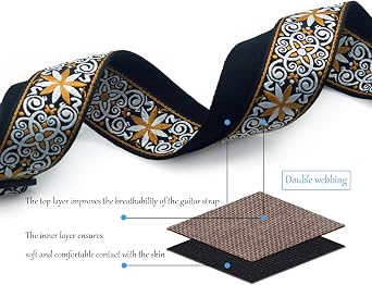 Embroidery Guitar Strap-Embroidered Jacquard Weave Cotton Strap with Leather Ends-Adjustable-For Acoustic/Bass/Electric Guitars