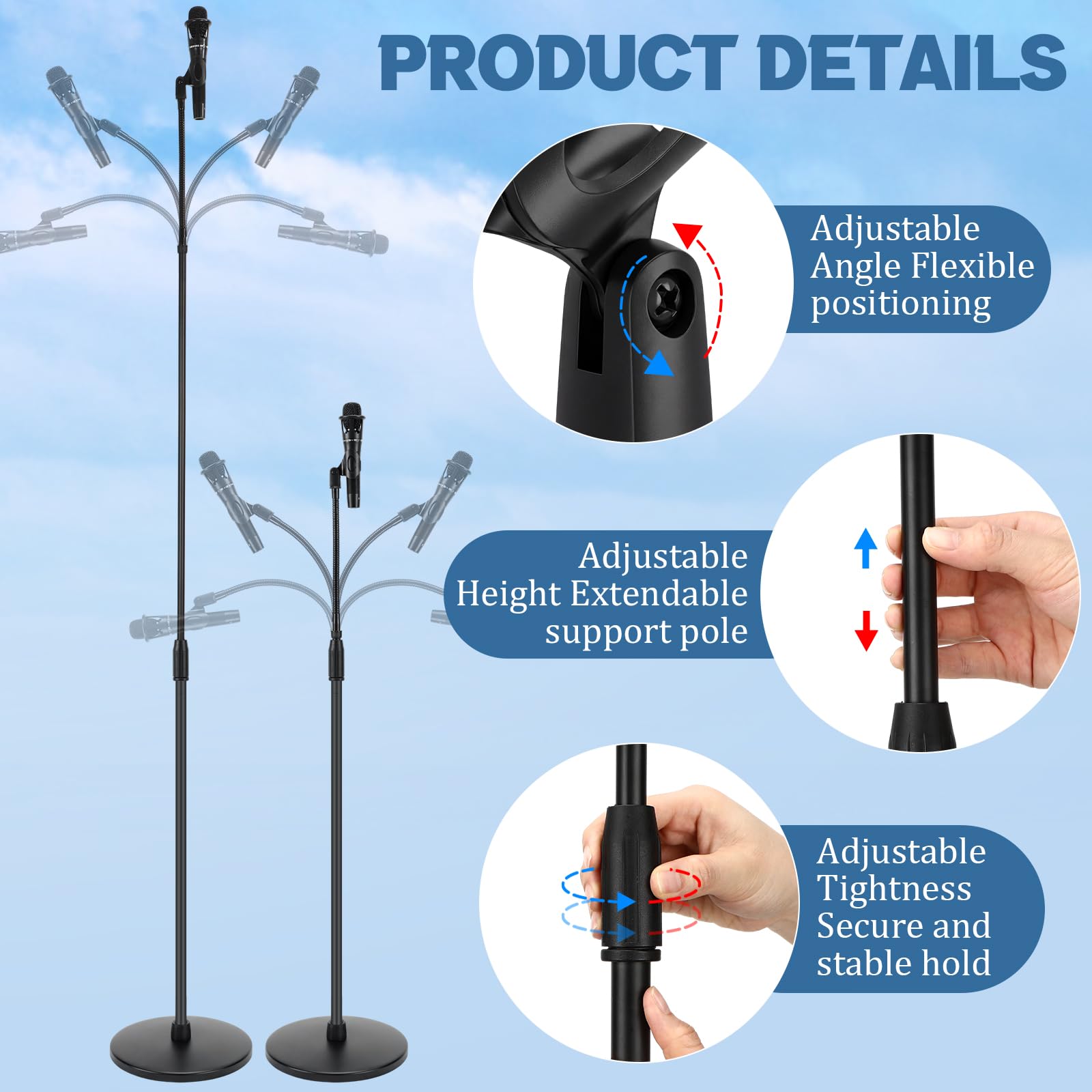 DoubleFill Asta per microfono con una mano con base rotonda pesante e staccabile a collo d'oca, regolazione dell'altezza, supporto telescopico per microfono per canto, concerti