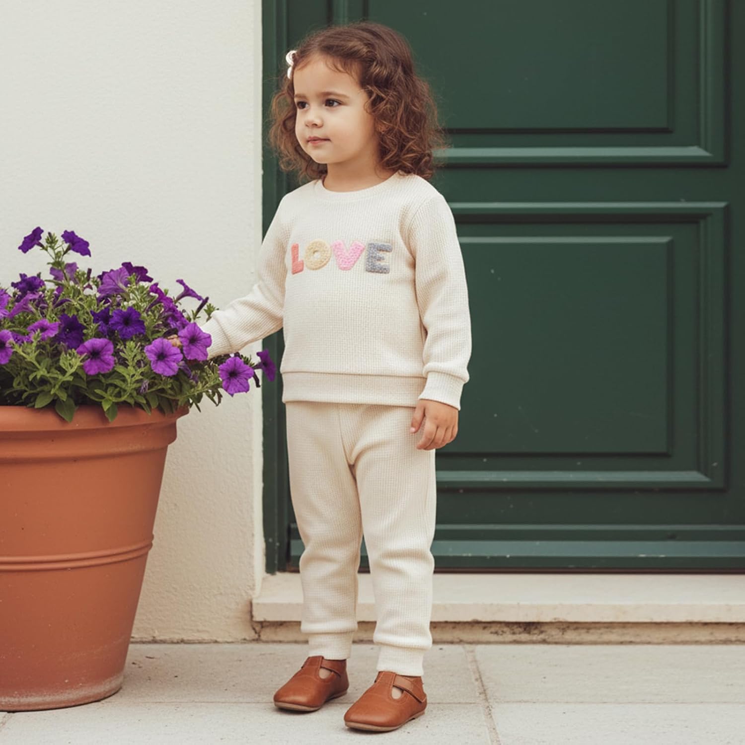 Toddler Baby Girl Valentines Day Outfit Heart Embroidery Waffle Long Sleeve Sweatshirt Pants Winter Spring Clothes - Image 6