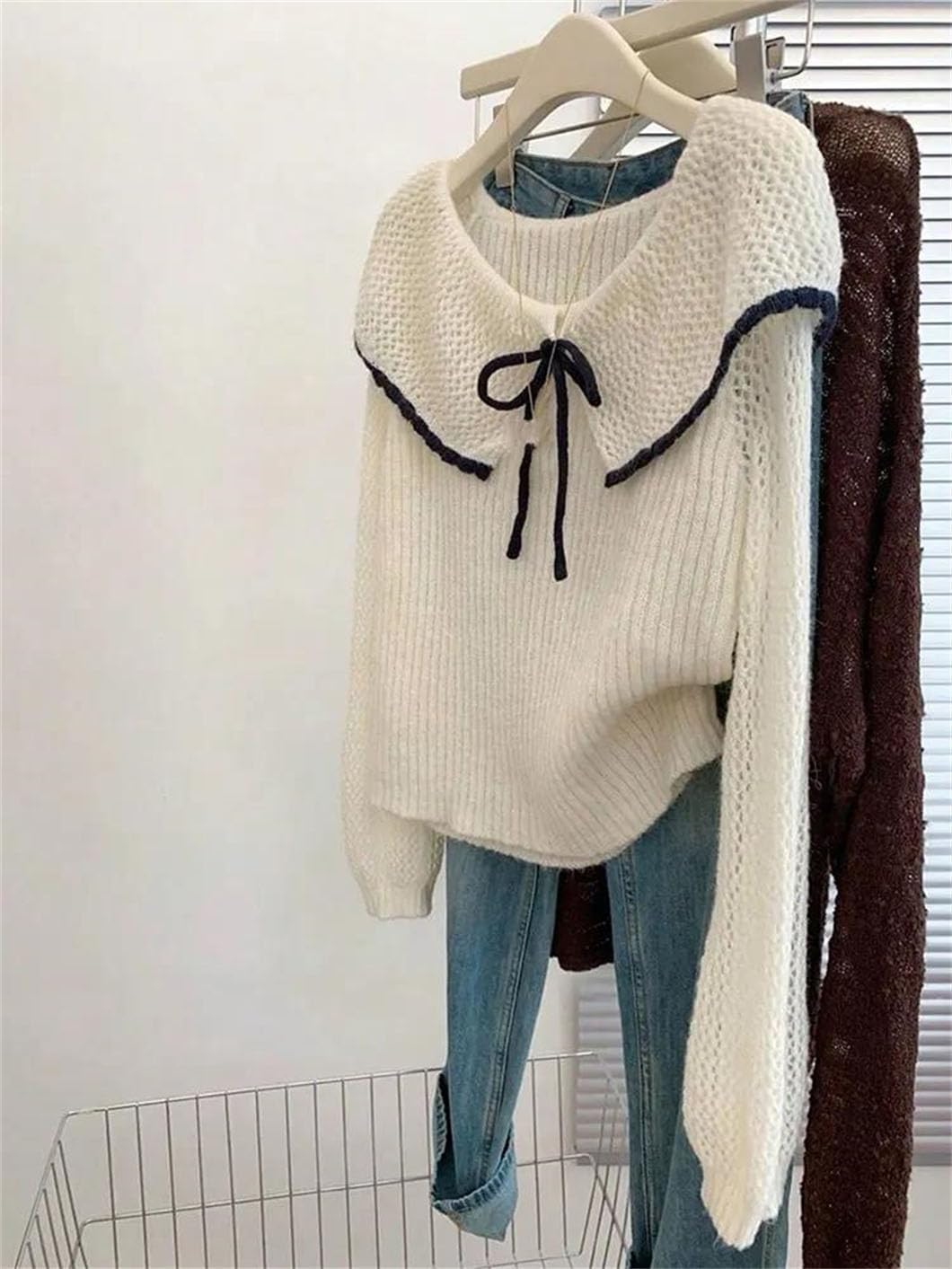 Women's Large Lapel Collar Bow Pullover Fall Solid Color All-Macth Long-Sleeve Knit Sweater