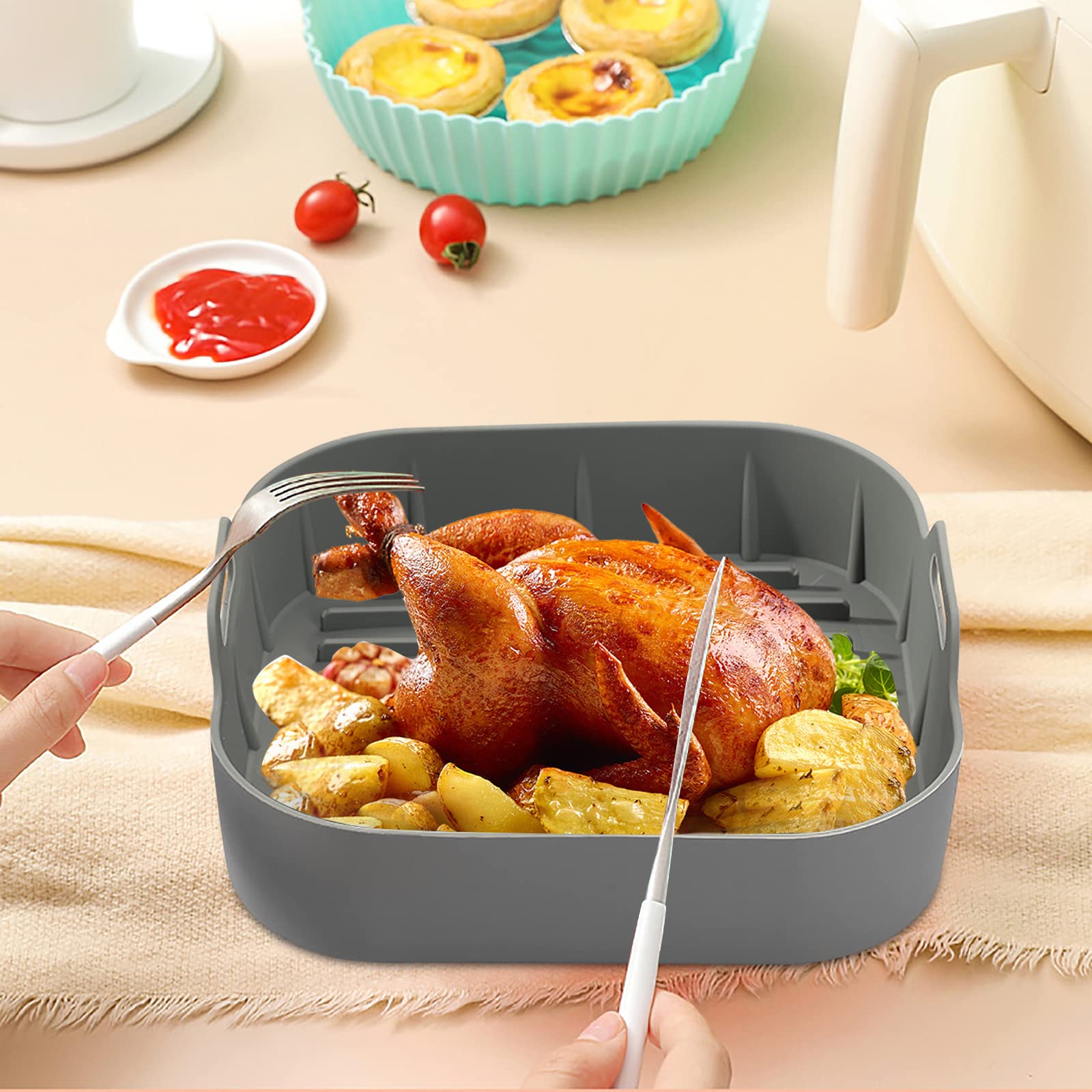 qxpdd Air Fryer Silicone Pot, Air Fryer Liners, Wiederverwendbar Antihaft Luftfritteuse Matten, Silicone Air Fryer Basket, Heißluftfritteusen Ofenzubehör Quadratisches Tablett (2 pcs)