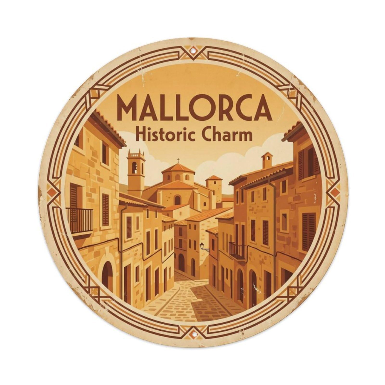 Vintage Travel Mallorca Oldtown Spain Metal Tin Sign Plaque Wall Decor for Cafe, Club Bar, Office, Home Garden Round Metal Poster 8x8Inch