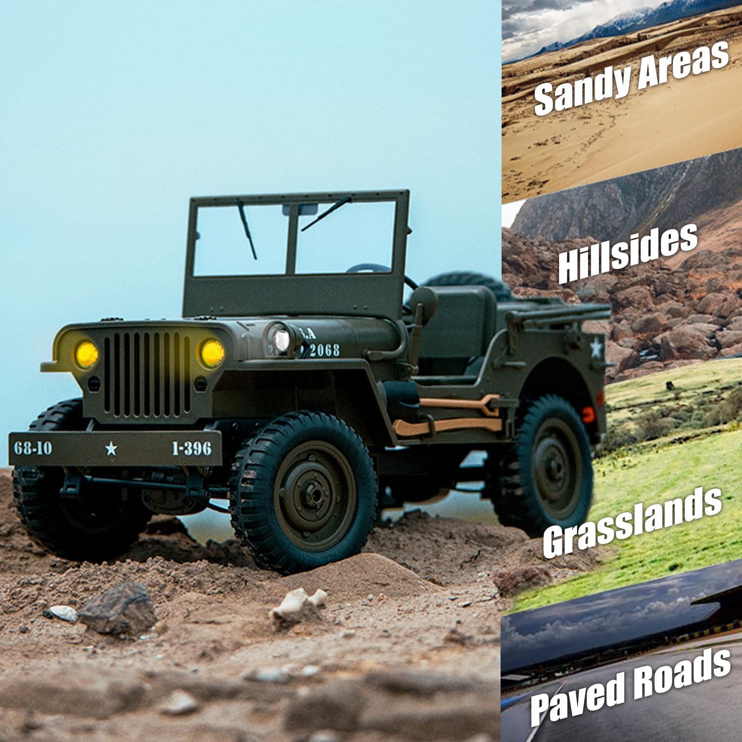 RC Jeep 1/10 Scale Willys Hobby RC Car Off-Road Military Crawler, 2.4Ghz Military Truck 4WD RC Crawler with Light, Tarpaulin, Metal Shaft, 4x4 Off Road Vehicle RTR Jeep Car, 2 Batteries