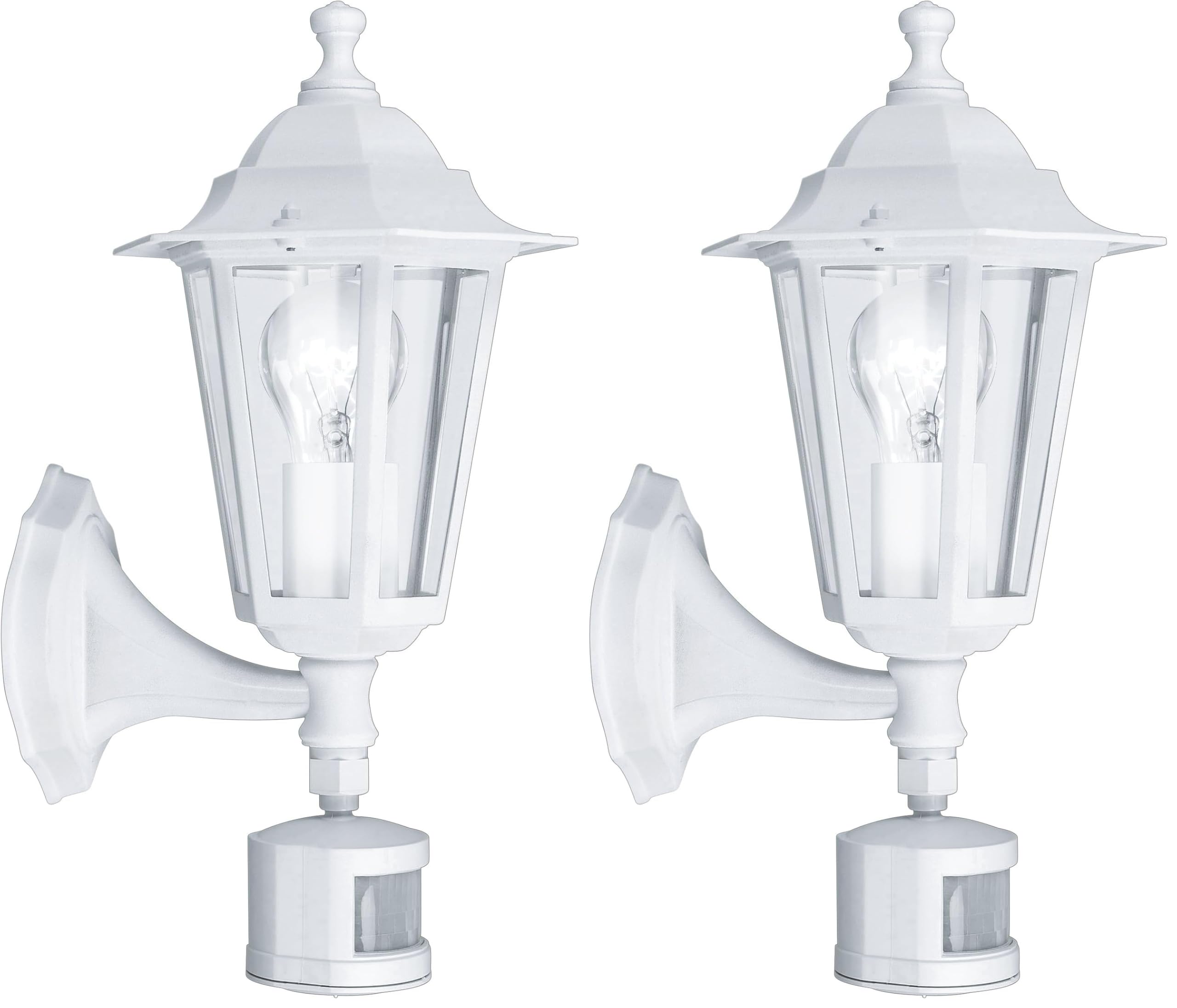 EGLO Außen-Wandlampe Laterna 5, 1 flammige Außenleuchte inkl. Bewegungsmelder, Sensor-Wandleuchte aus Aluguss und Glas, Farbe: Weiß, Fassung: E27, IP44 (Packung mit 2)