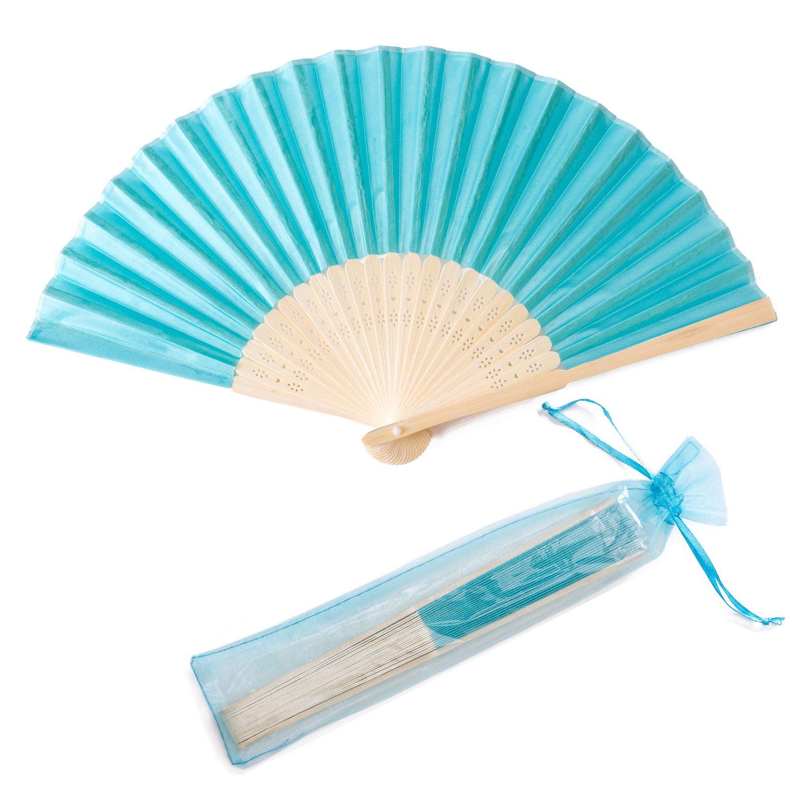 SL crafts24pcs Imitated Silk Hand Fan Imitated Silk Fabric Bamboo Handheld Folded Fan Bridal Dancing Props Church Wedding Party Favors with Gift Bags (Aqua Blue)