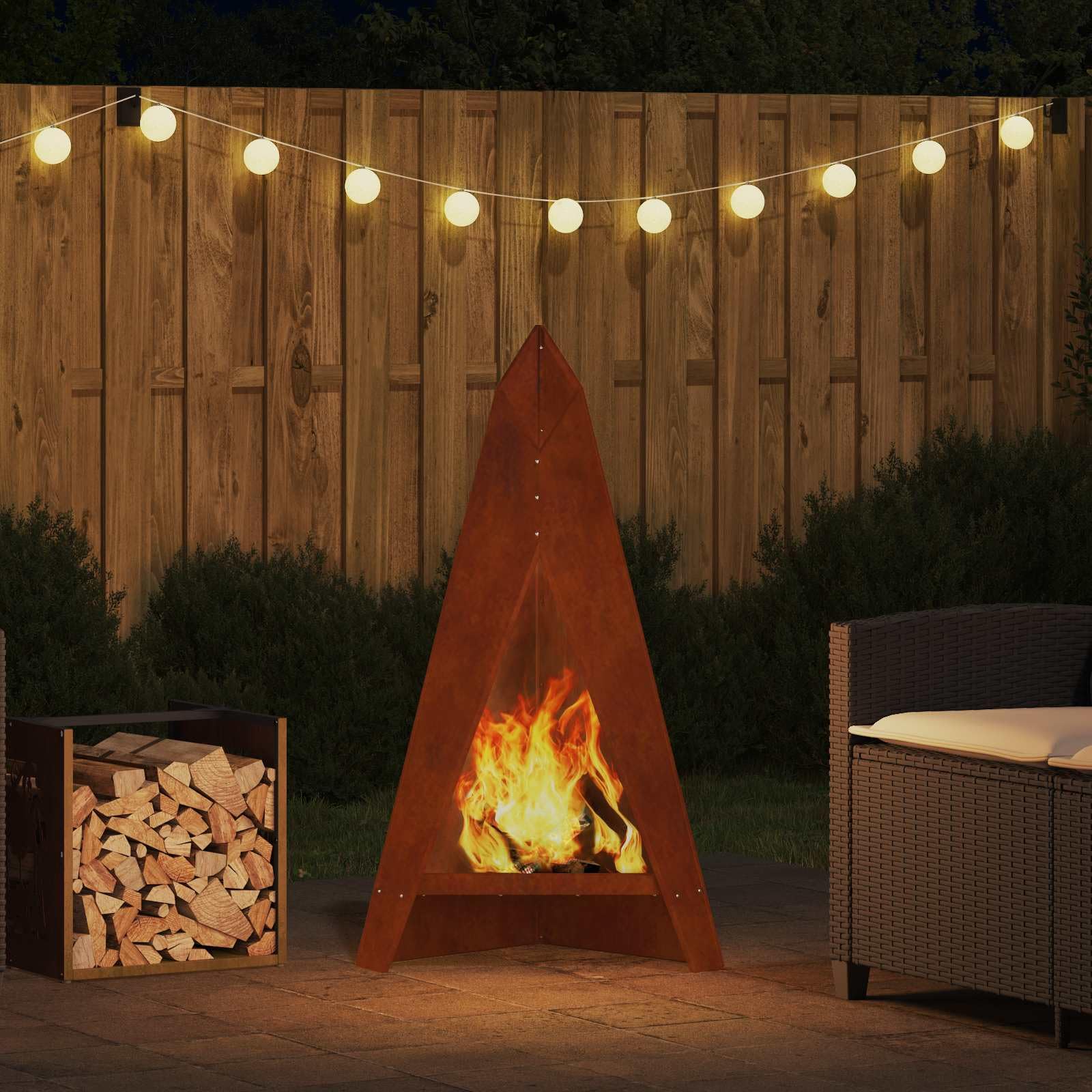 Brasero marrón de acero resistente a la intemperie, 58 x 40 x 100 cm, rectangular para patio y jardín, con gran capacidad para troncos y calor acogedor en eventos al aire libre