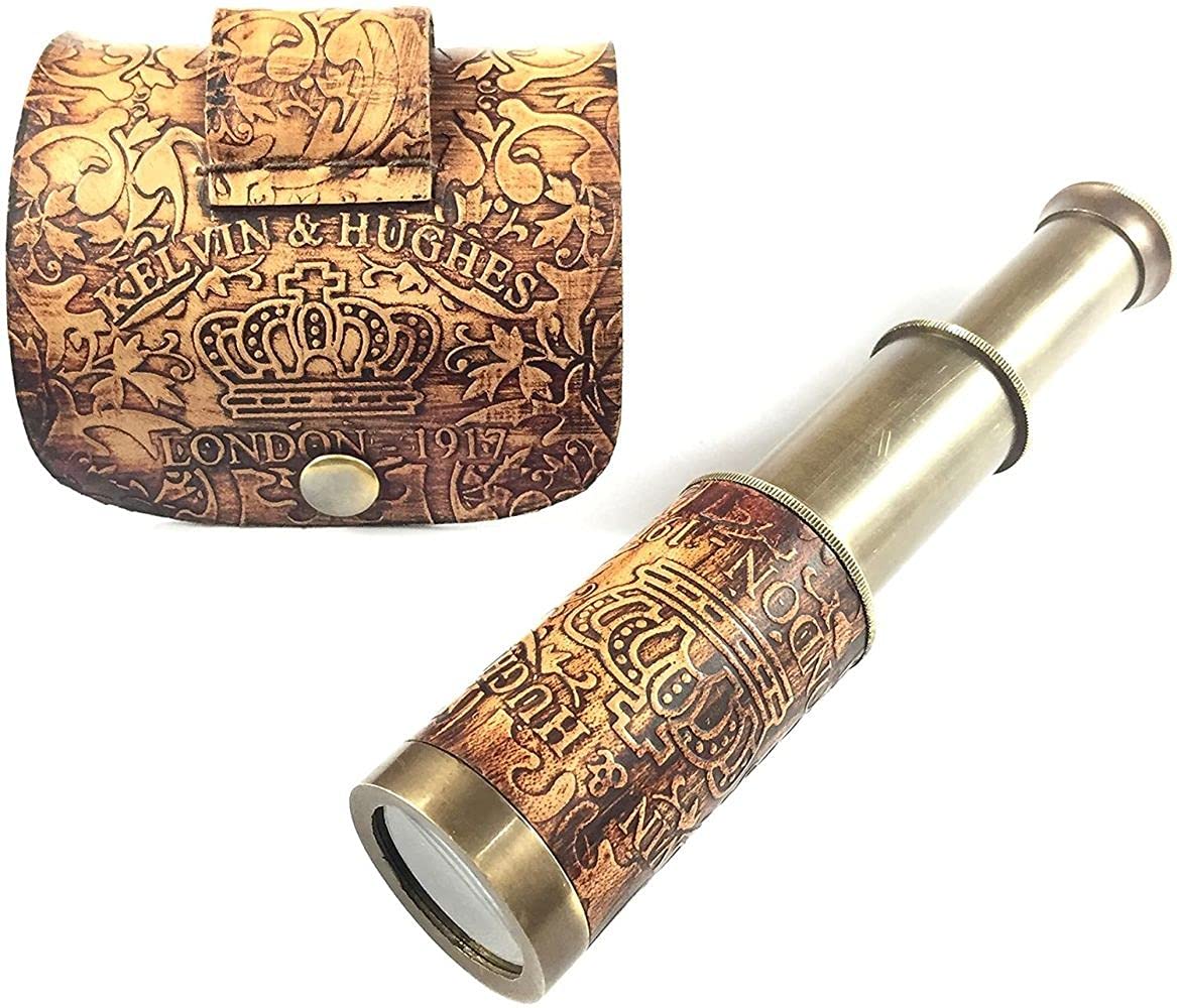 Nautical Handheld Pirate Brass Telescope with Box / Case ,Sailor Home Decor Pirate Captain Boat Toy Gift (6", Kelvin)