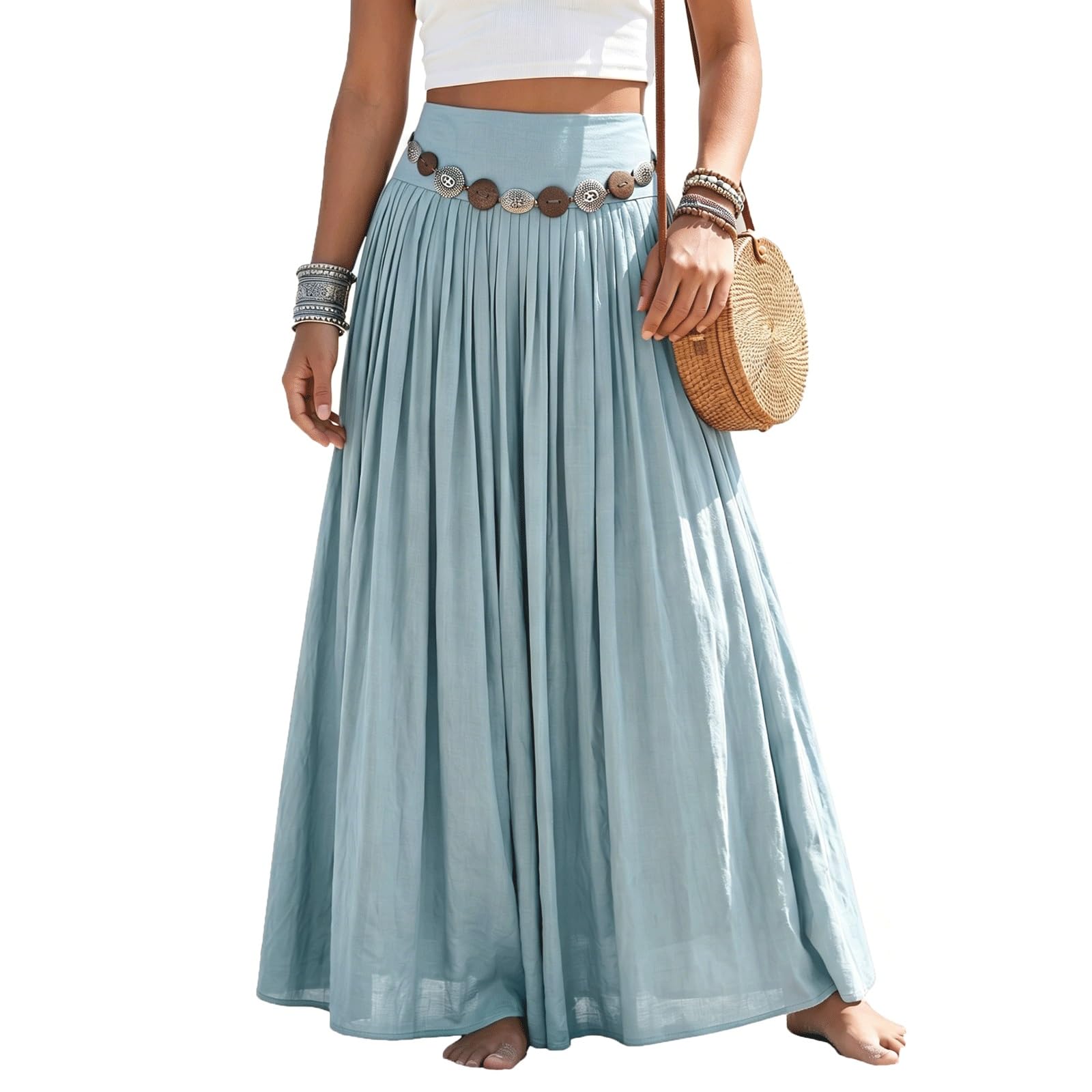 UYHBCNQD Retro Midi Long Skirt Solid Color Women's Maxi Skirts with Waist Chain(Blu,Lagre)