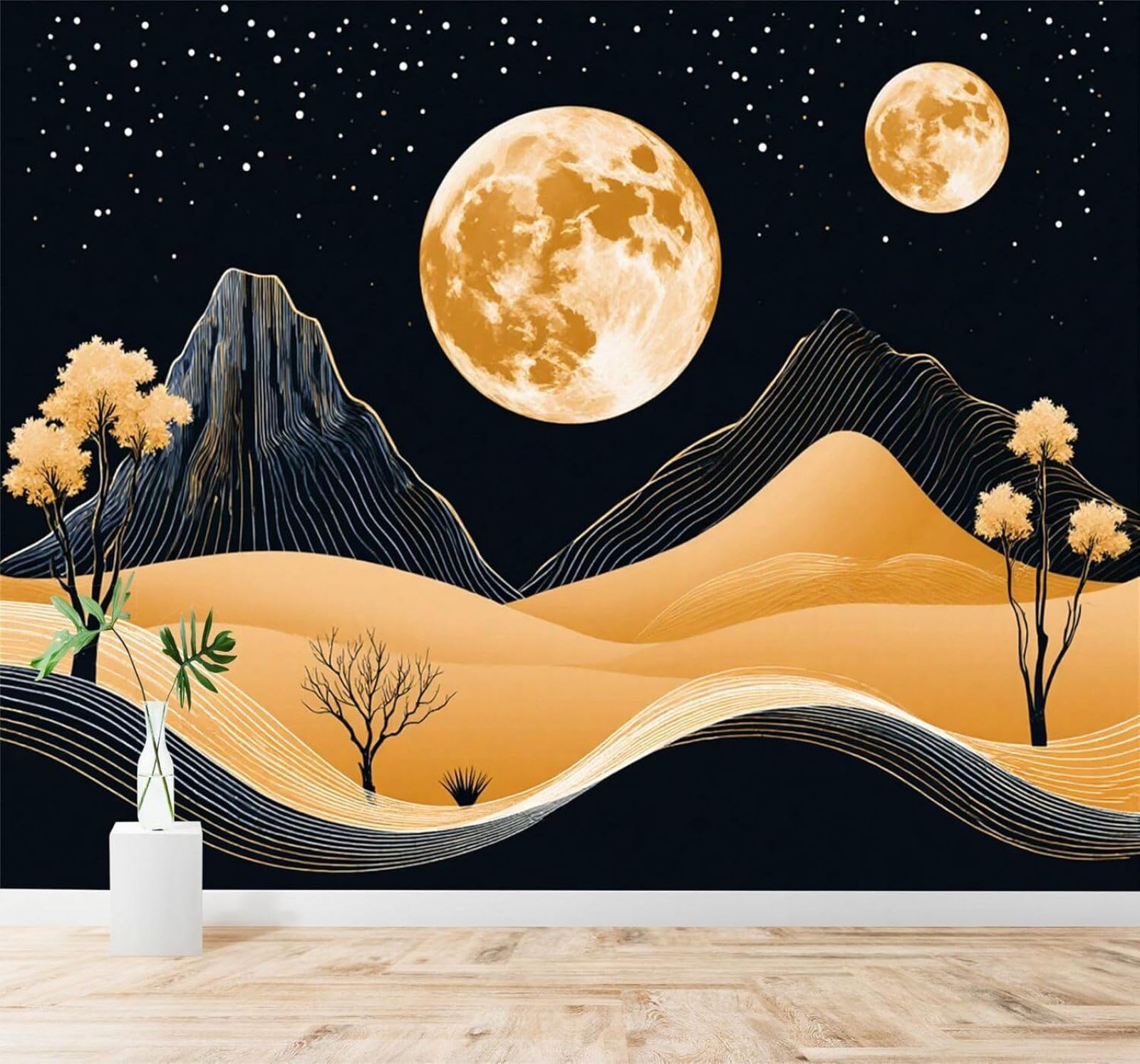 XLMING Golden Moon Mountain Peaks Trees Starry Sky Night Scene 3D Wallpaper Silky Texture Home Study Office Grey Dining Room Sofa Bedroom Living Room TV Backdrop-200cm×140cm