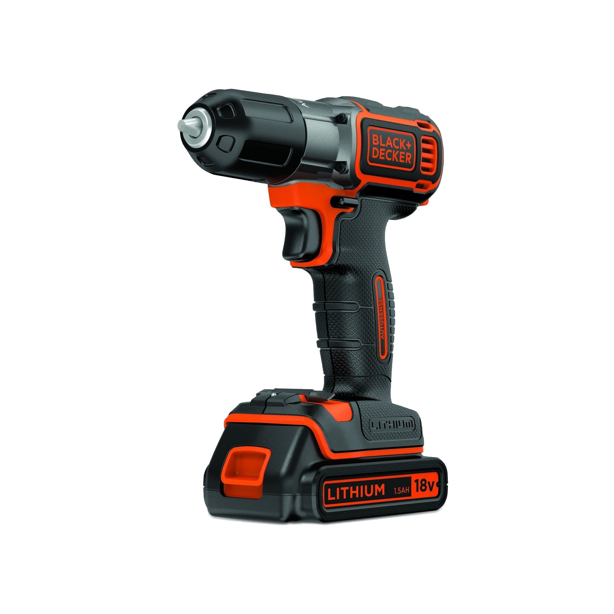 BLACK+​DECKER ‎ASD184K-​QW Taladro inalámbrico AutoSense (18V 1.5Ah, con ajuste automático de par, incluye batería y cargador rápido de 90 minutos, luz de trabajo LED, doble broca), Negro o Naranja