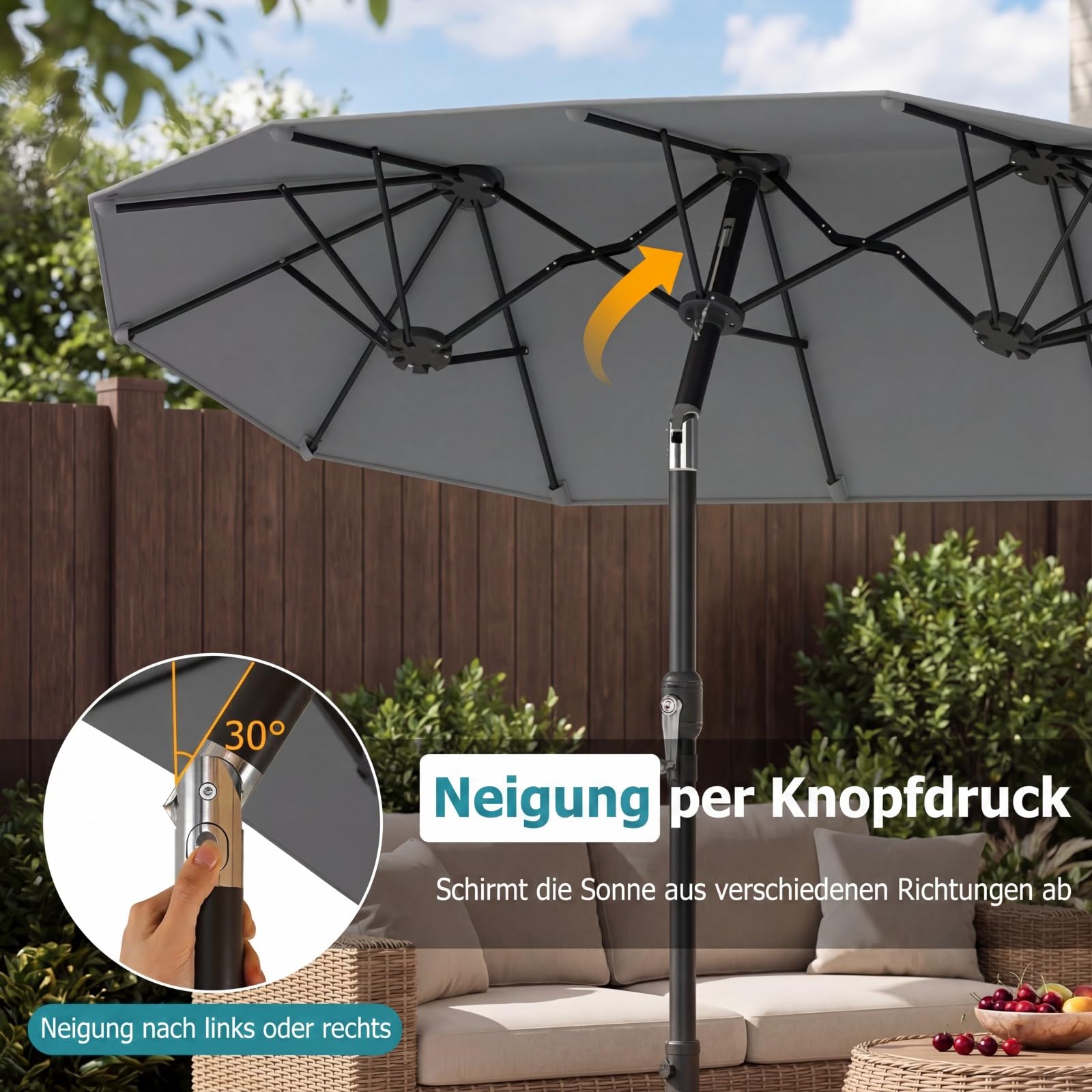 COSTWAY Doppelsonnenschirm knickbar 300x150cm, Doppel Sonnenschirm, Gartenschirm mit Kurbel, Terrassenschirm, Marktschirm für Garten, Terrasse, Balkon (Grau)