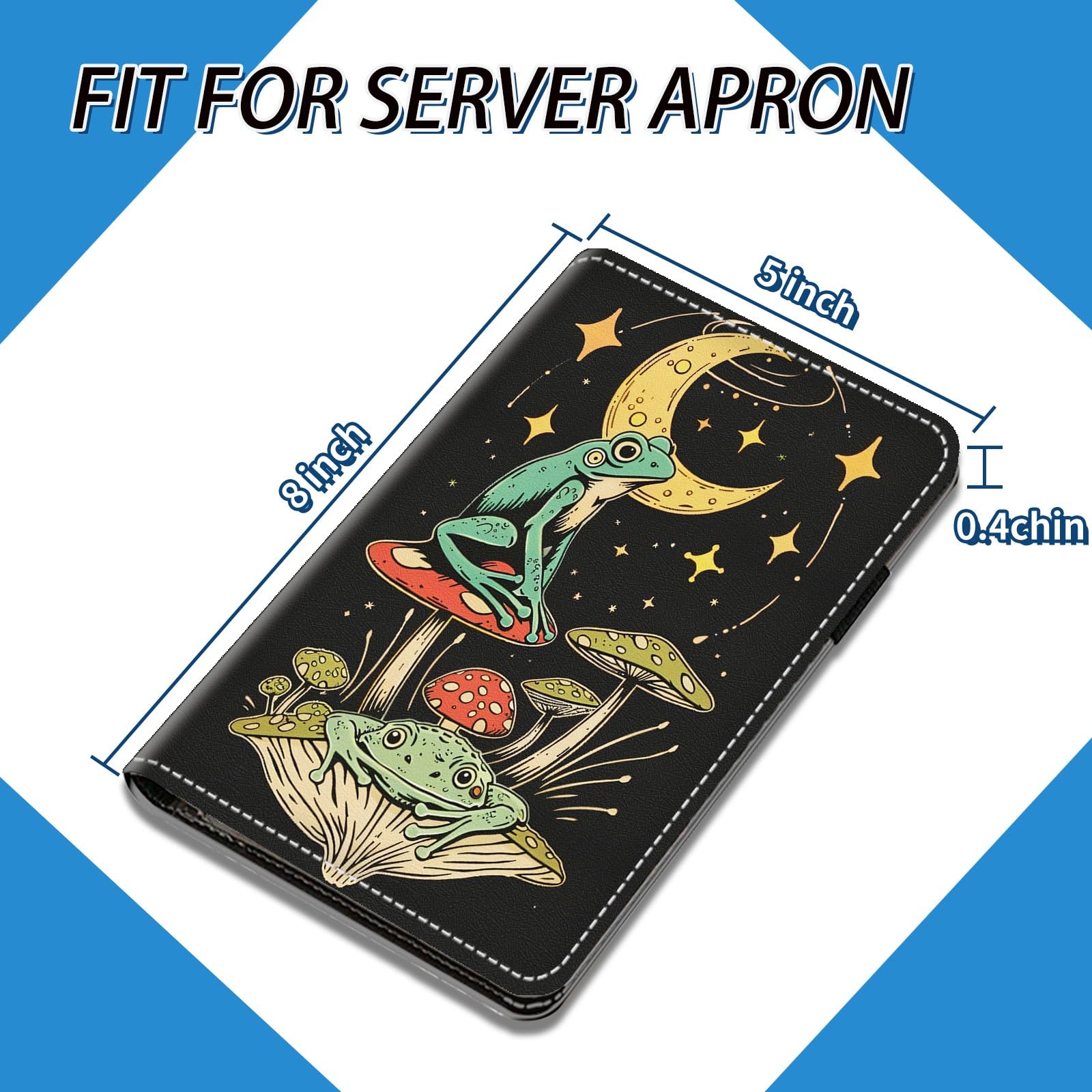 NLZQTTBD Server Books for Waitress Cute Waitress Book PU Leather Server Book with Zipper Wallet Black Serving Book Organizer Fit Server Apron,Frog Moon Mushroom