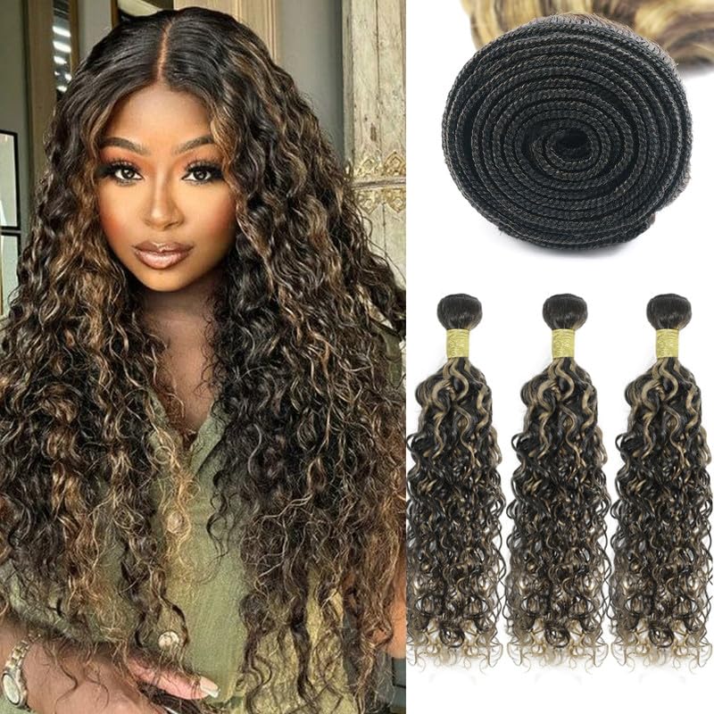 14 16 18Inch P1B27 Highlight Human Hair Bundles Honey Blonde Water Wave 3 Bundles Blonde Highlight Bundle Human Hair Extensions 300g/Pack （Black and Honey Blonde）