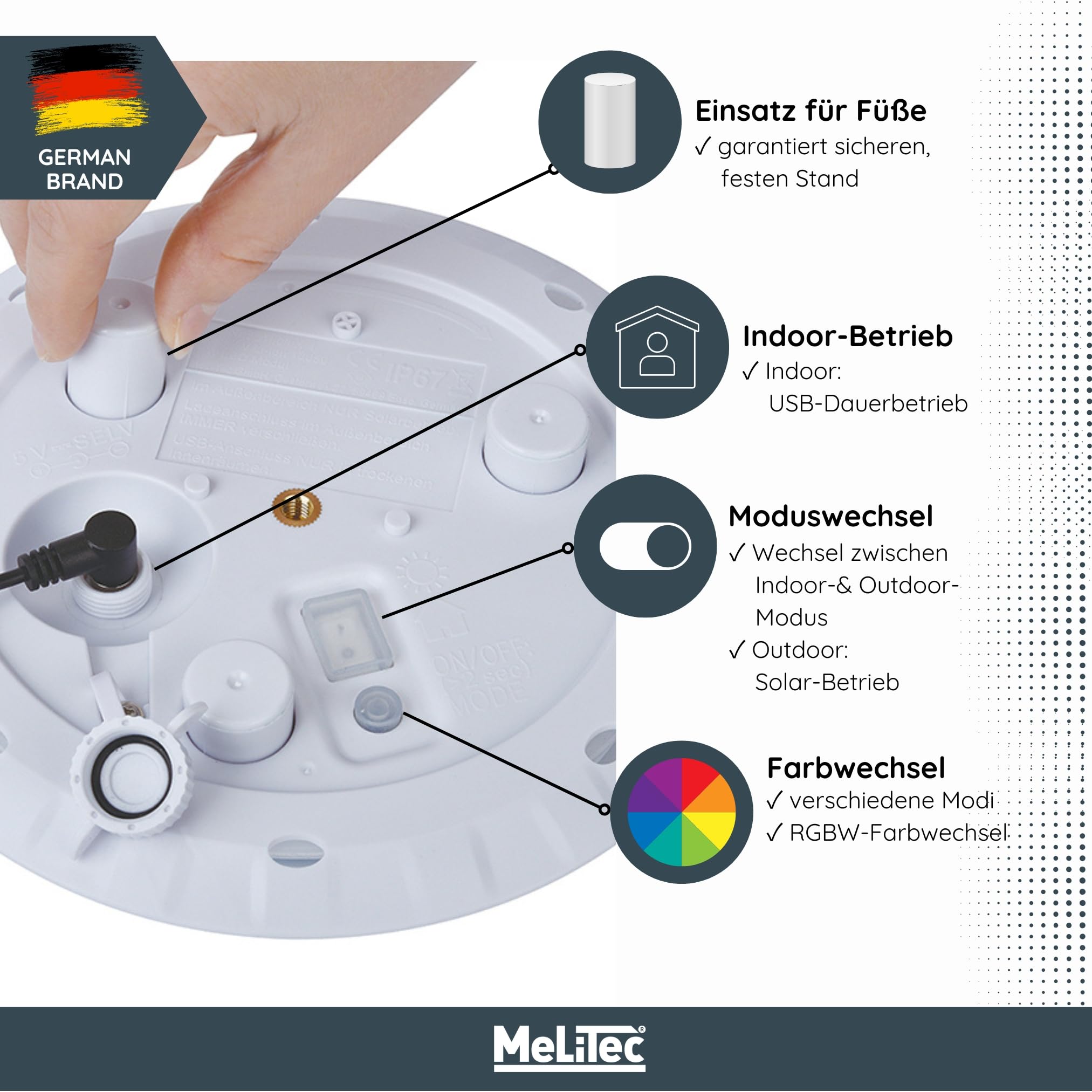 MeLiTec Solarlampe Bodenbeleuchtung Außen Innen USB Farbwechsel Durchmesser 30 cm Höhe 39 cm Kunststoff Tropfen