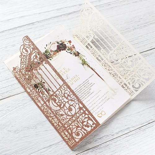 Miniatura 5 de Diseño de puerta de invitaciones de oro rosa hueca brillante para bodas, compromisos, sirena, 25 juegos (oro rosa, 4.9 x 7.1 pulgadas)