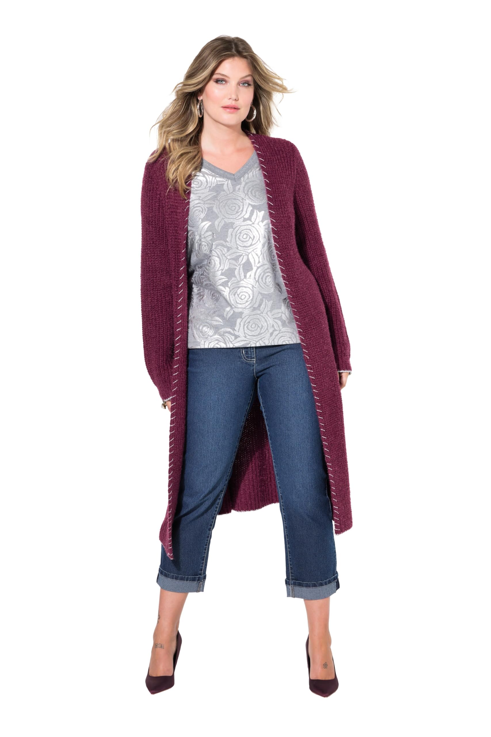 MIAMODA Damen große Größen Übergrößen Plus Size Strickjacke, extra lang, Ausschnitt mit Zierstich 836074