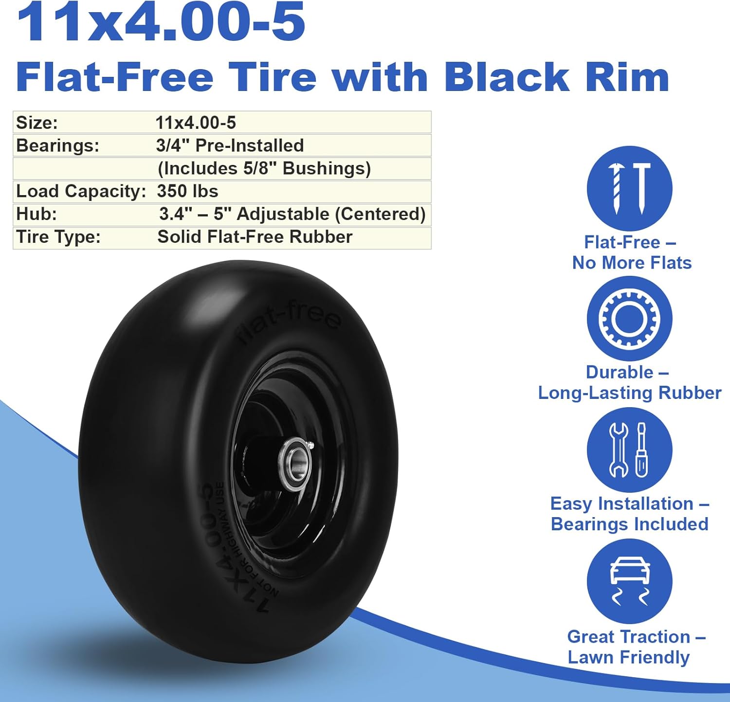 11x4.00-5 Lawn Mower Tires Flat Free and Wheel, 11x4-5 Smooth Solid Front Tires for Zero Turn Mower, 350Lbs Load, 3/4", 5/8" and 1/2" Bearings, 3.4"-5.8" Hub for Residential Commercial, 2PCS