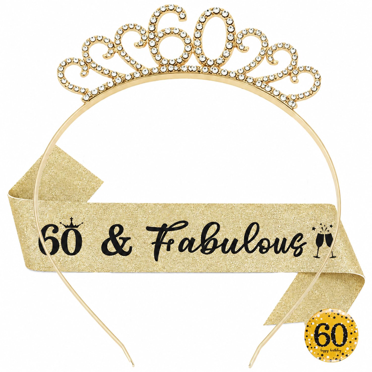 Dimetey 60th Birthday Decoration for Women,Gold Birthday Sash and Rhinestone Headband for Women's 60th Birthday Party Decor (Gold)
