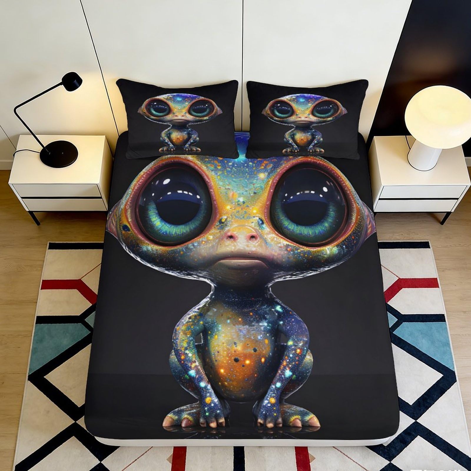 3D Printed Fantasy Gecko Fitted Sheet Microfiber Soft Anti-Slip Vibrant Eyes Bed Cover for Bedroom Dorm Decor 90x200x25cm