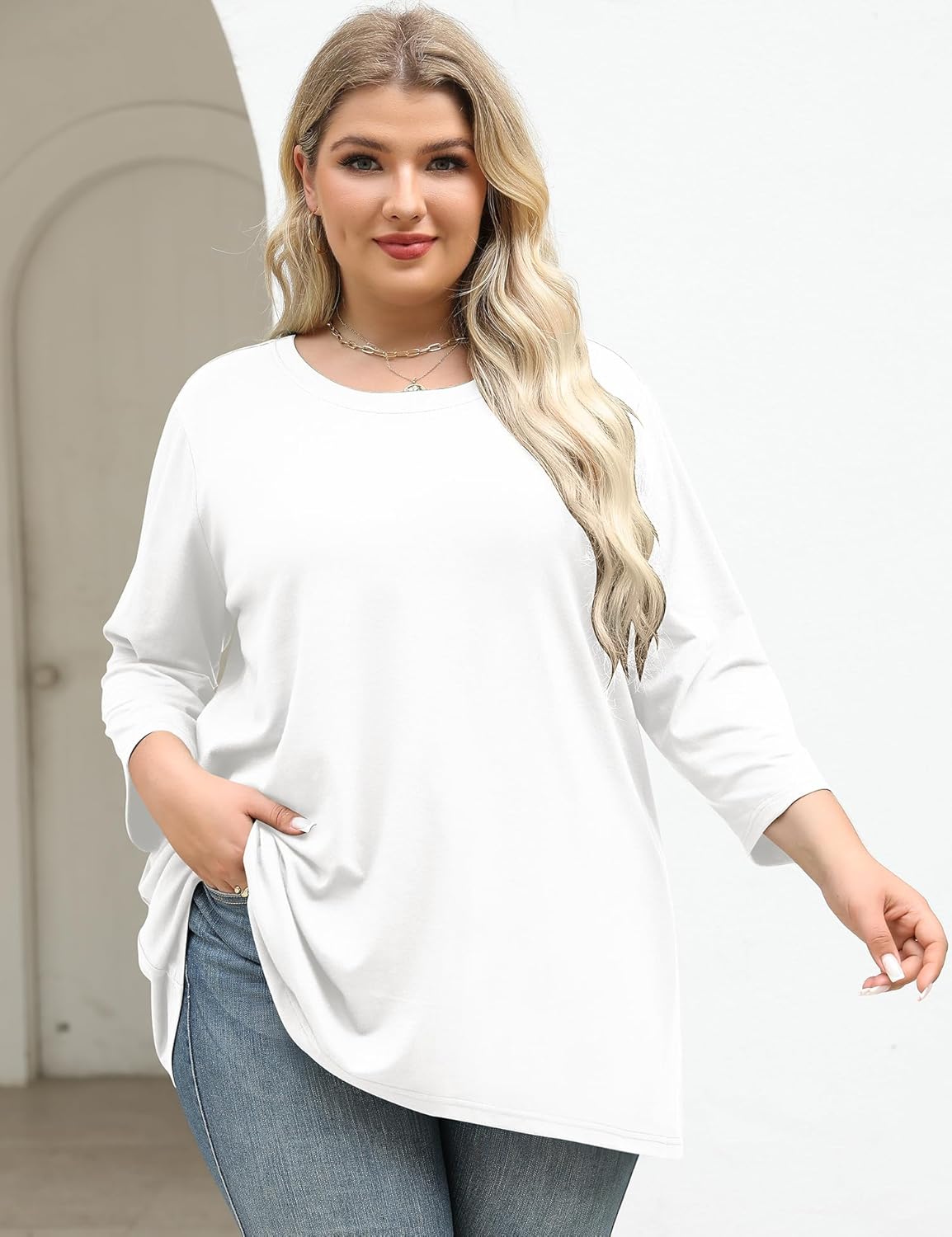 LOMON Womens Plus Size Tops 3/4 Length Sleeve Blouses Crew Neck Business Casual Tunic Tops with Asymmetrical Hem 1X-5X - Image 5
