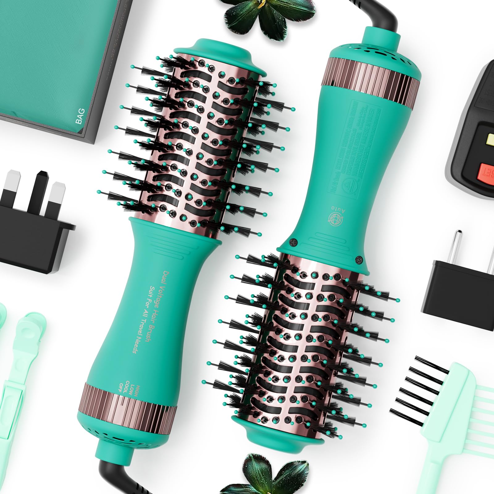 Travel Blow Dryer Brush, Dual Voltage Hair Dryer Brush - Cepillo Secador De Cabello 2” Oval Size Hair Curler &amp; Straightener Portable Mini Hair Styling Tools (‌Auto Dual Voltage &amp; No Converter Needed)