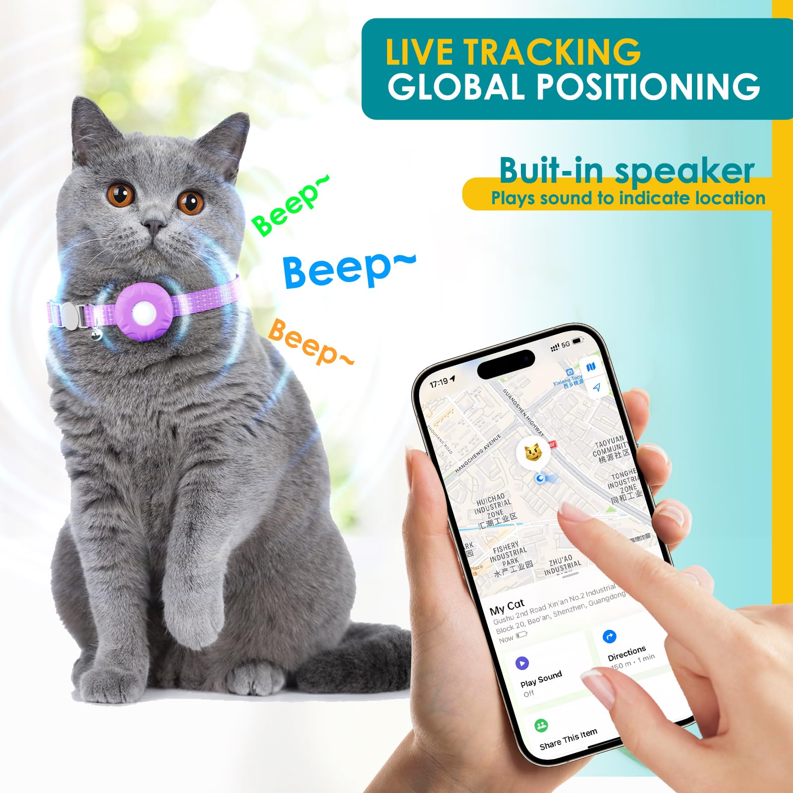 Traqueur GPS Bluetooth, mini traqueur GPS pour chien, chat avec colliers pour chat, traqueur GPS sans frais mensuels, fonctionne avec Find My App (uniquement iOS), étiquette de recherche pour animaux