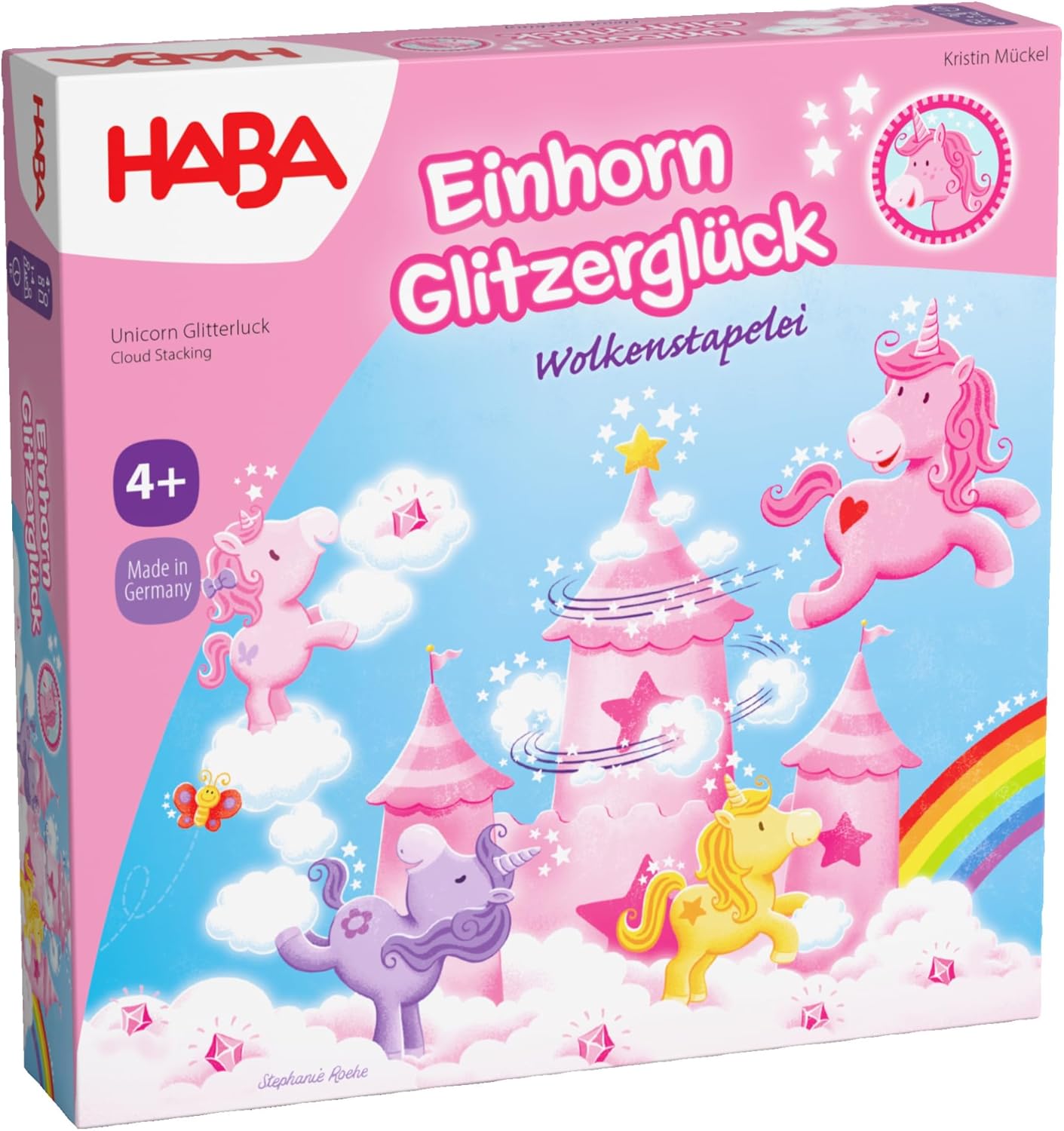 HABA Unicorn Glitter Happiness: Cloud Stacking Game - Stacking Game for Children with Unicorns, Wooden Clouds & 10 Glittering Cloud Crystals, from 4 Years - 2012232001