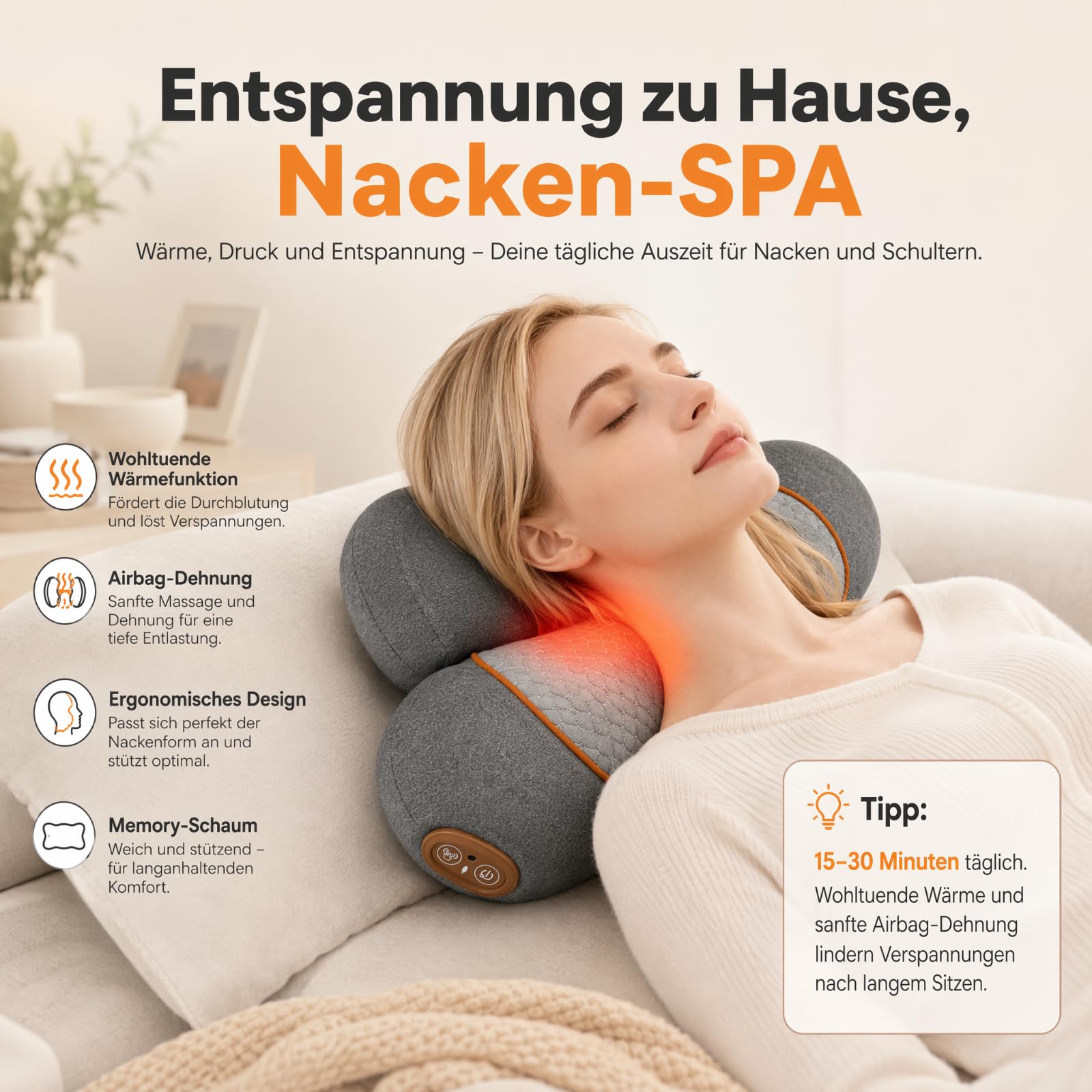 Nacken Massagegerät, 3in1 Elektrisch Nackenmassagekissen,Entspannungskissen | Massagegerät Nacken mit Wärme & Vibration, Massagekissen,Ergonomisches Memory-Schaum Massagegerät für Nacken Rücken Schulter