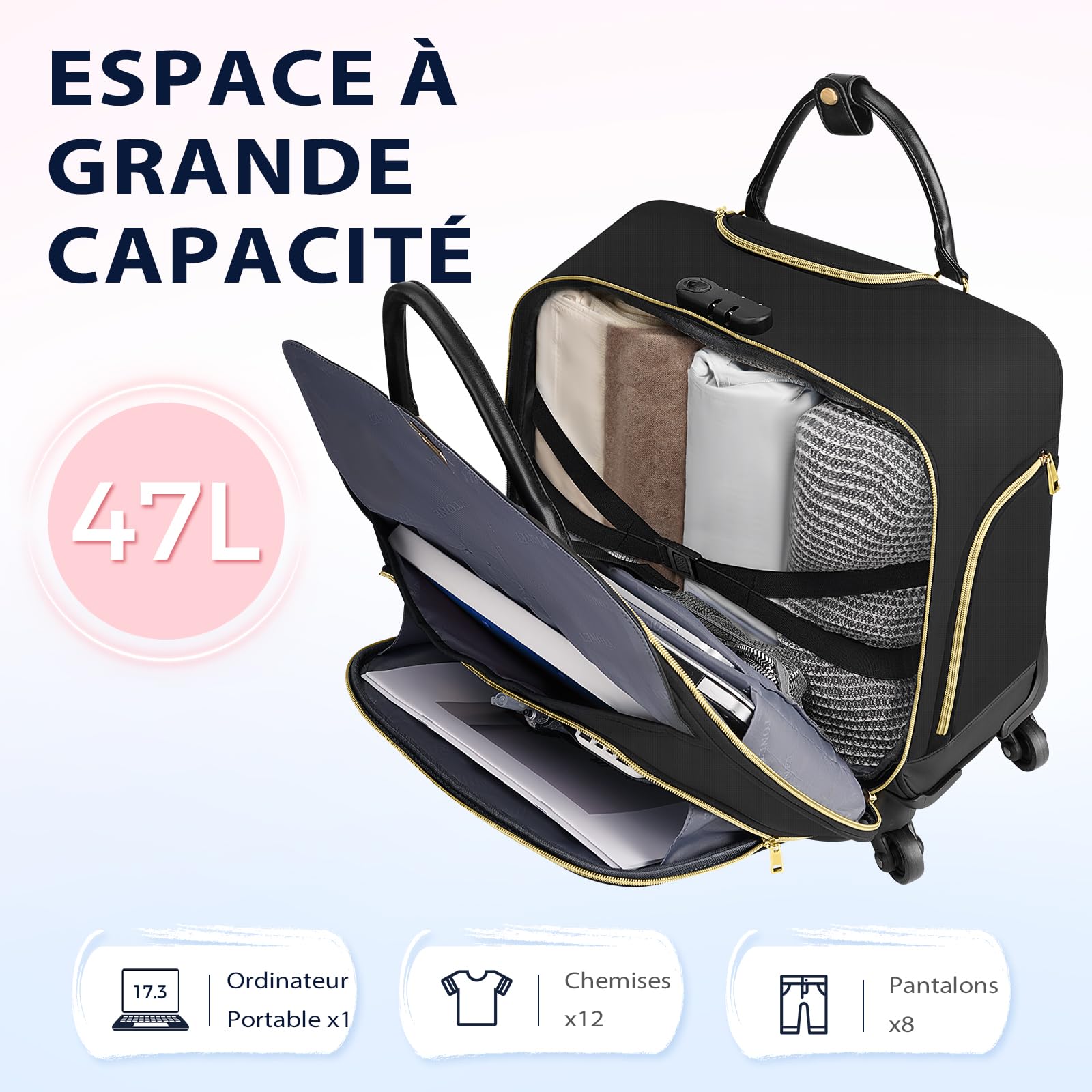 Ytonet Sac à Ordinateur Portable à roulettes 17.3 Pouces, Sac à roulettes pour Enseignantes avec Roue Universelle, Malette à roulettes de Verrou à Combinaison de Poches Rangement, pour École, Noir