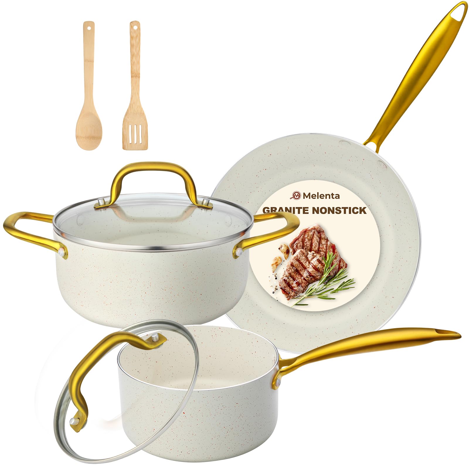 M MELENTA Batterie de cuisine induction 7 pièces, 2 Casseroles 16/20cm + 1 Poele 24cm, Lot casserole et poele anti adhesive, Avec poignée dorée et ustensiles, Compatible Four, Blanc